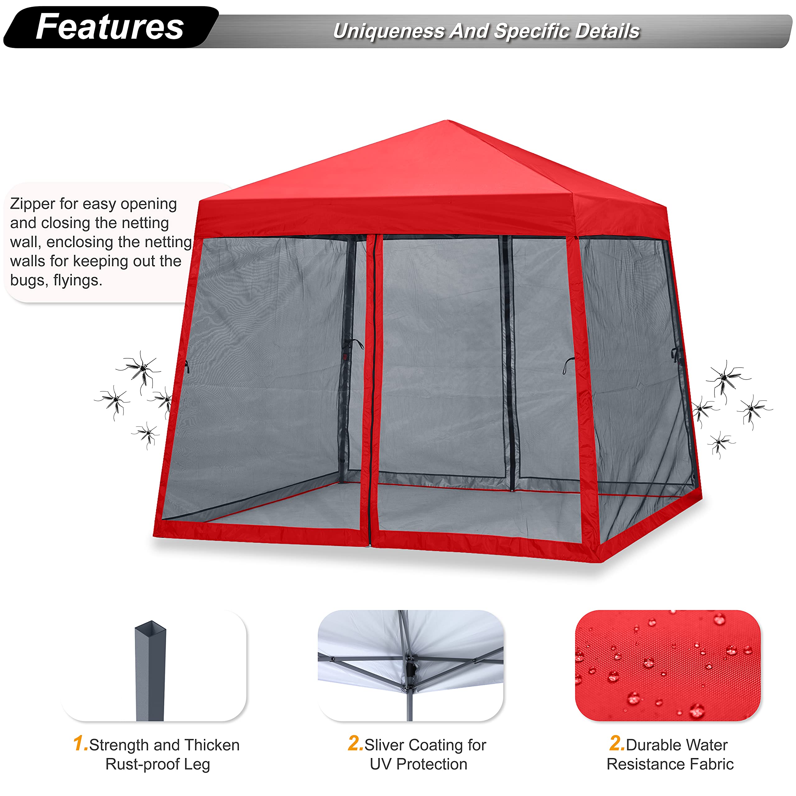 ABCCANOPY Stable Pop Up Outdoor Canopy Tent with Netting Wall - Red | Portable Shade Shelter for Camping, Beach, Picnic, Backyard & Outdoor Events