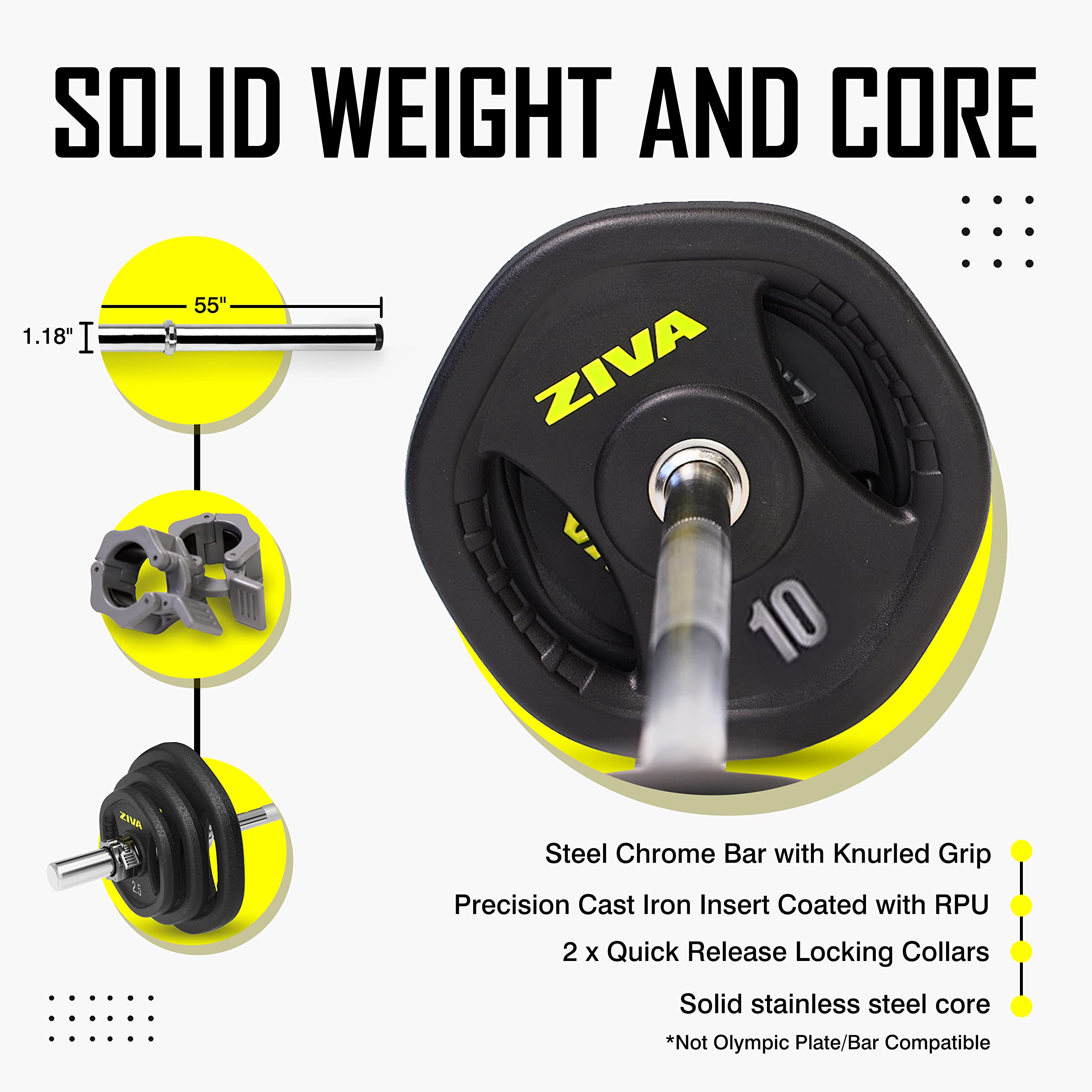 ZIVA RPU 35 lb. Adjustable Studio Barbell Weight Set - 6 RPU Weight Plates, Knurled Chrome Bar (1.18