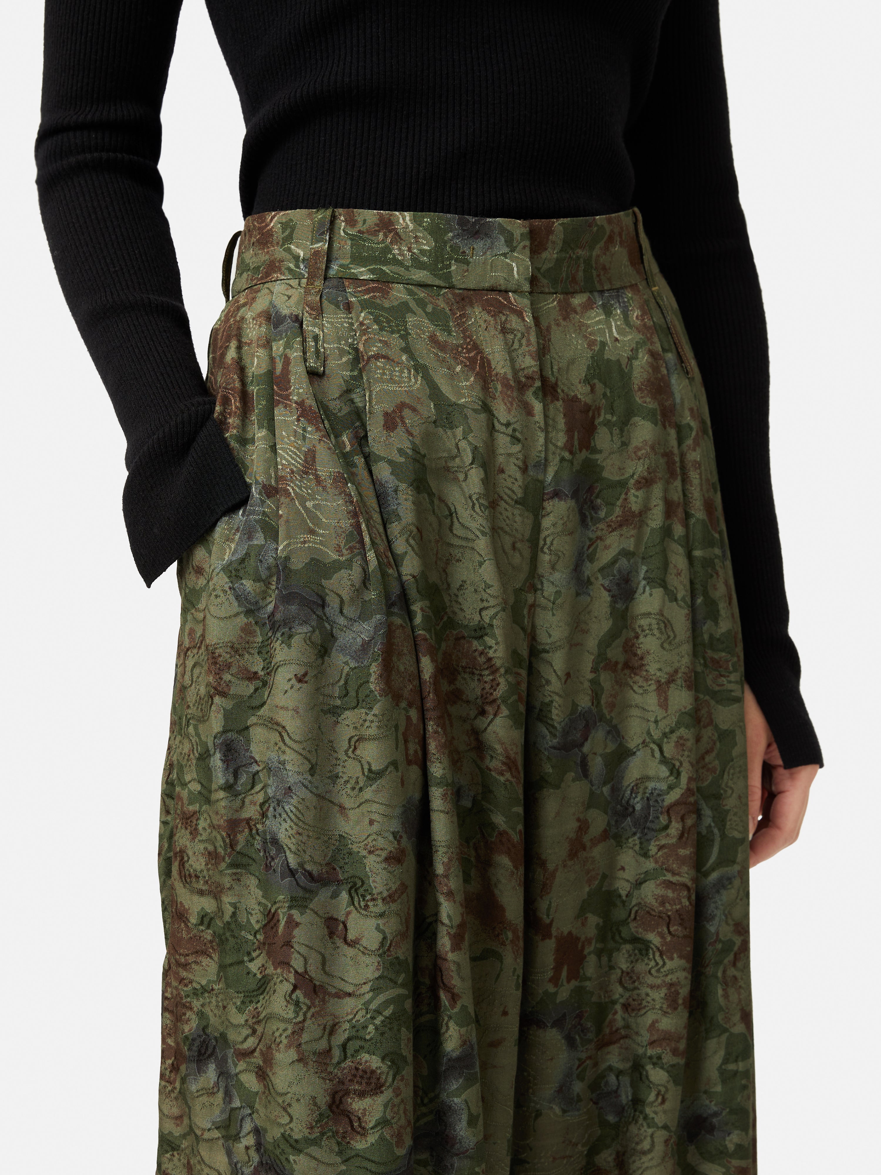 Elegant Green Shadow Floral Jacquard Palazzo Pants - Boho Chic Wide Leg Trousers for Women | Perfect for Summer Outfits, Beach Vacations & Casual Wear