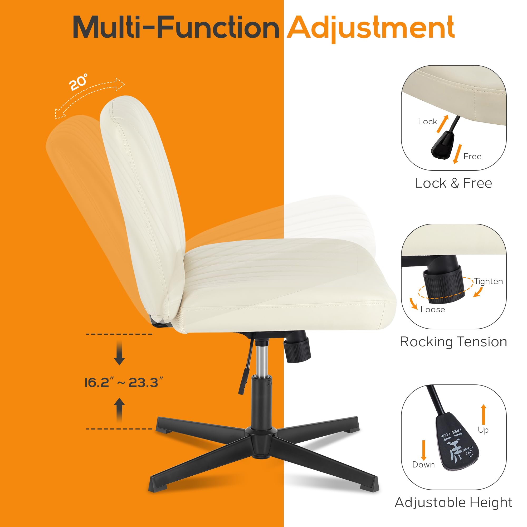 DUMOS Criss Cross Chair Leg Office Chair - Wide Comfortable Desk Seat, No Wheels Armless Computer Task Chair, Swivel Vanity Chair - Adjustable Height for Home & Office Workspace