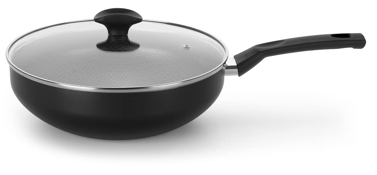 28cm Multiflon Non-Stick Wok Pan with Glass Lid - Black Matte Amora Line Aluminum Frying Pan for Stir Fry, Sauteing & Asian Cooking