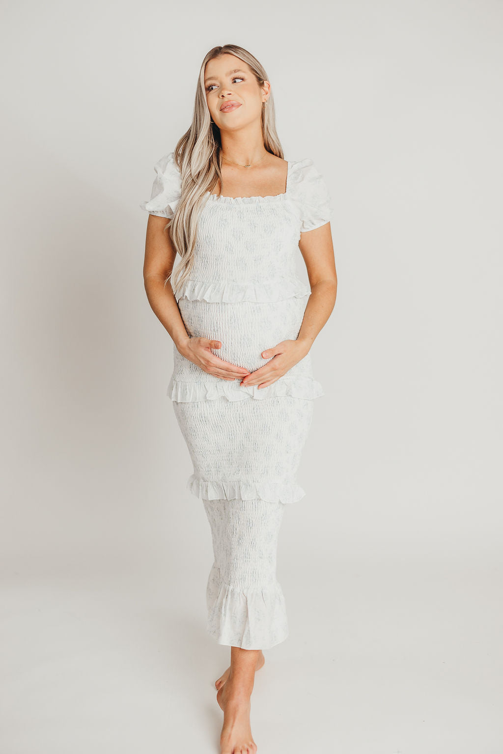 Ada Smocked Dress in Blue Floral - Bump Friendly Maternity Dress with Inclusive Sizing (S-3XL) | Perfect for Baby Showers, Bridal Events & Summer Weddings