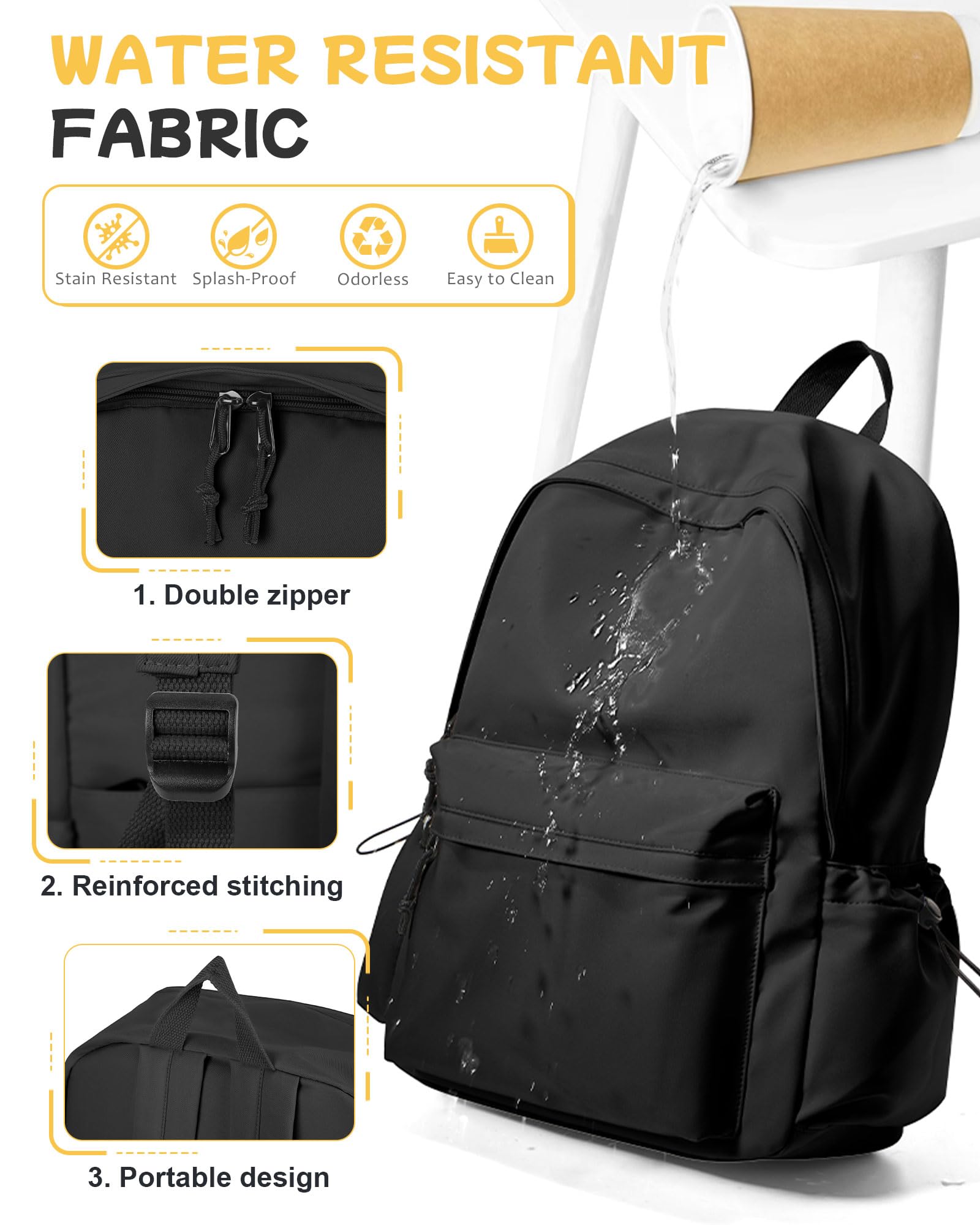 Stylish Black Waterproof Backpack for Women & Men - Lightweight School Bookbag for High School & College Students, Travel Daypack, Casual Rucksack - Perfect for Daily Commute, Campus Life & Outdoor Adventures