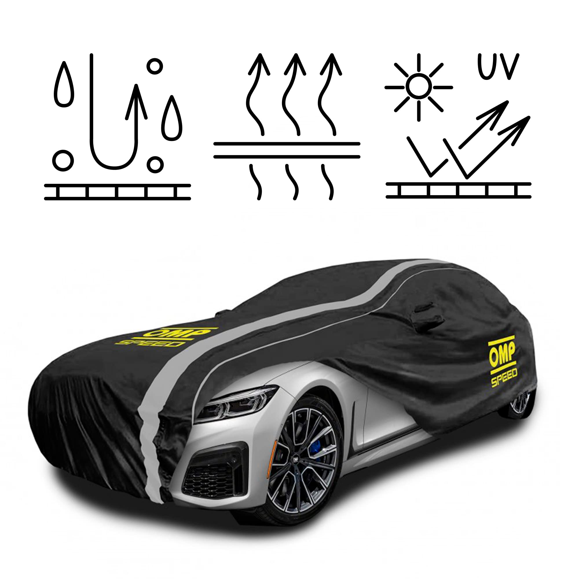 OMP 3-Layer Waterproof Car Cover - Size L for Sedan, SUV & Truck - All-Weather Protection for Indoor & Outdoor Use