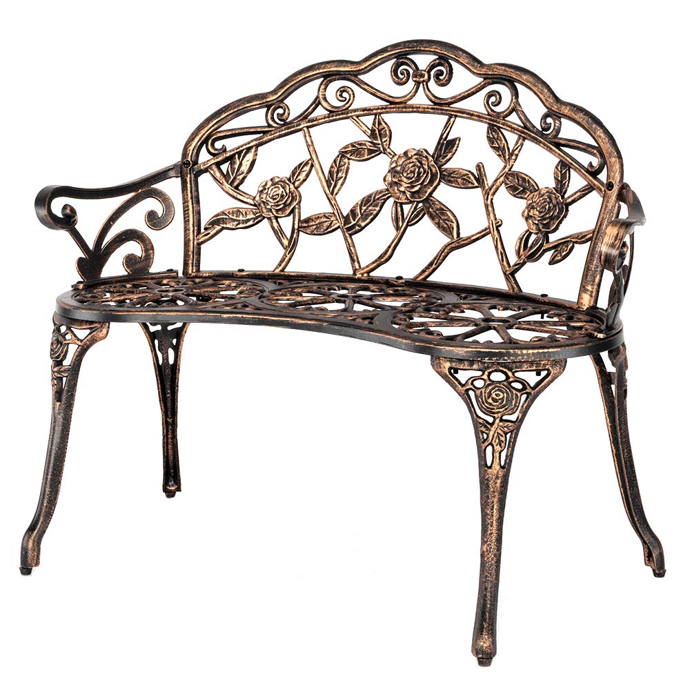 Antique Bronze Floral Rose Metal Garden Bench for Patio, Yard & Outdoor Decor – Perfect for Gardens, Porches & Relaxing in Your Backyard