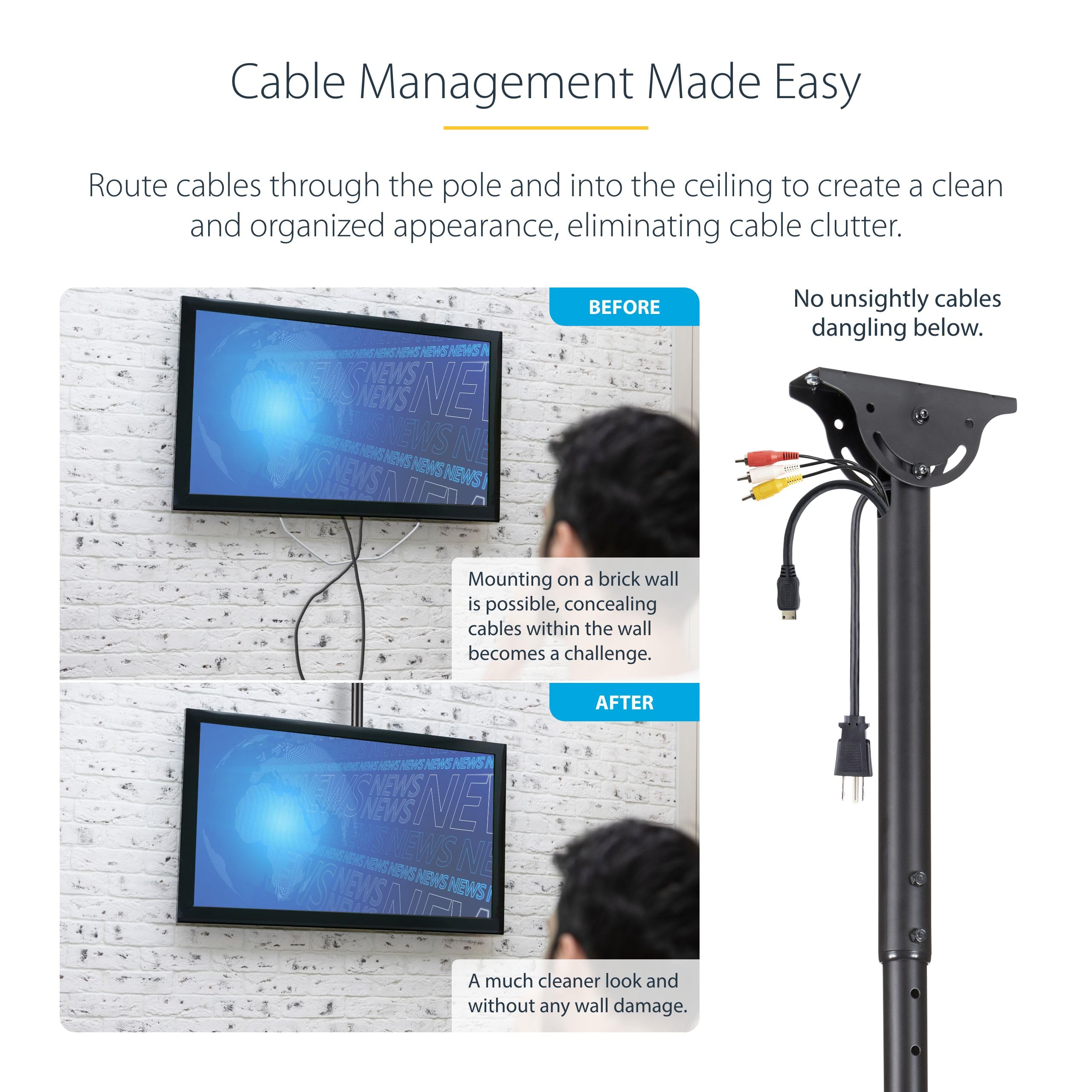 StarTech.com TV Ceiling Mount for 32-75 Inch Screens - Adjustable Height VESA Compatible Hanging Bracket for Flat Panel TVs & Monitors - Perfect for Home Theater, Office, and Commercial Displays