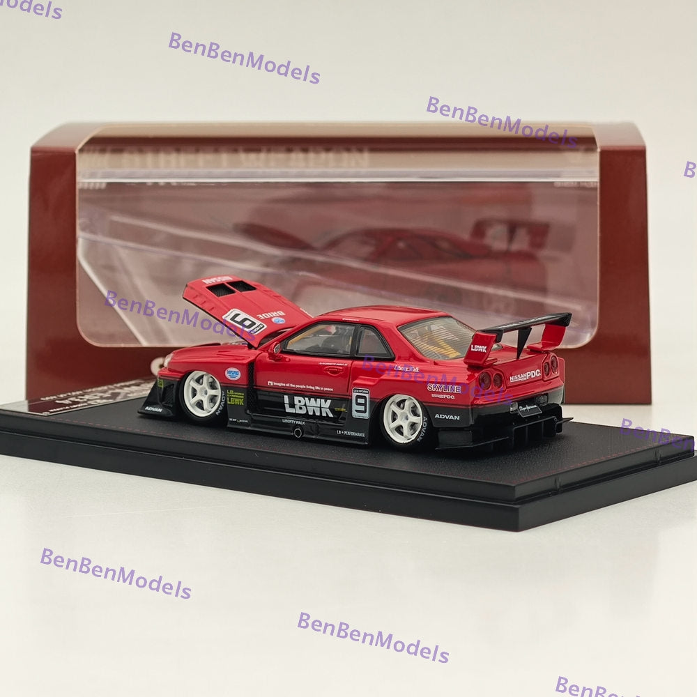1:64 Scale LBWK GTR ER34 #9 Red Open Version Diecast Model Car - Collectible Street Weapon for Display & Racing Scenes