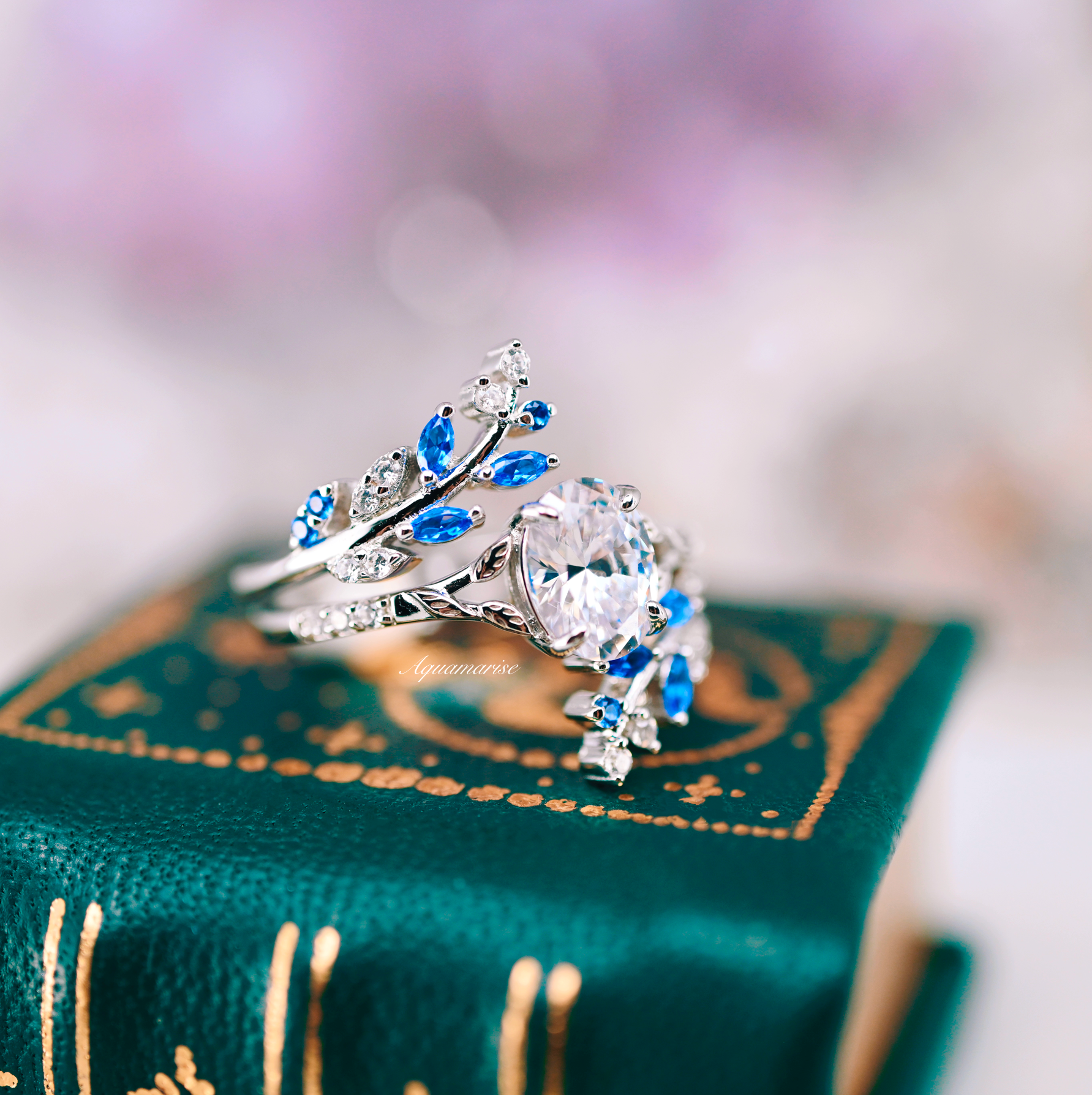 IGI Certified 14K White Gold Lab Grown Diamond & Sapphire Leaf Ring Set - Elegant Jewelry for Weddings, Anniversaries & Special Occasions
