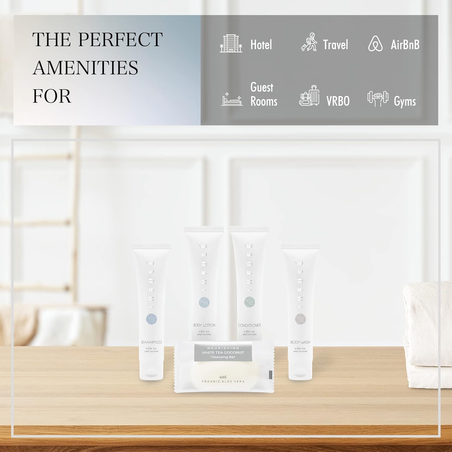 150-Piece Travel Size Toiletries Set - 30 Sets of 1oz Shampoo & Conditioner, Body Wash, Lotion & 1.25oz Bar Soap | White Tea Coconut Scent | Bulk Hotel Amenities for Travel, Hospitality & Guest Gifts