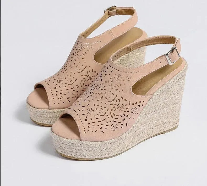 Women's Comfortable Peep Toe Leather Wedge Sandals with Cushioned Footbed - Perfect for Summer, Beach, and Casual Outings