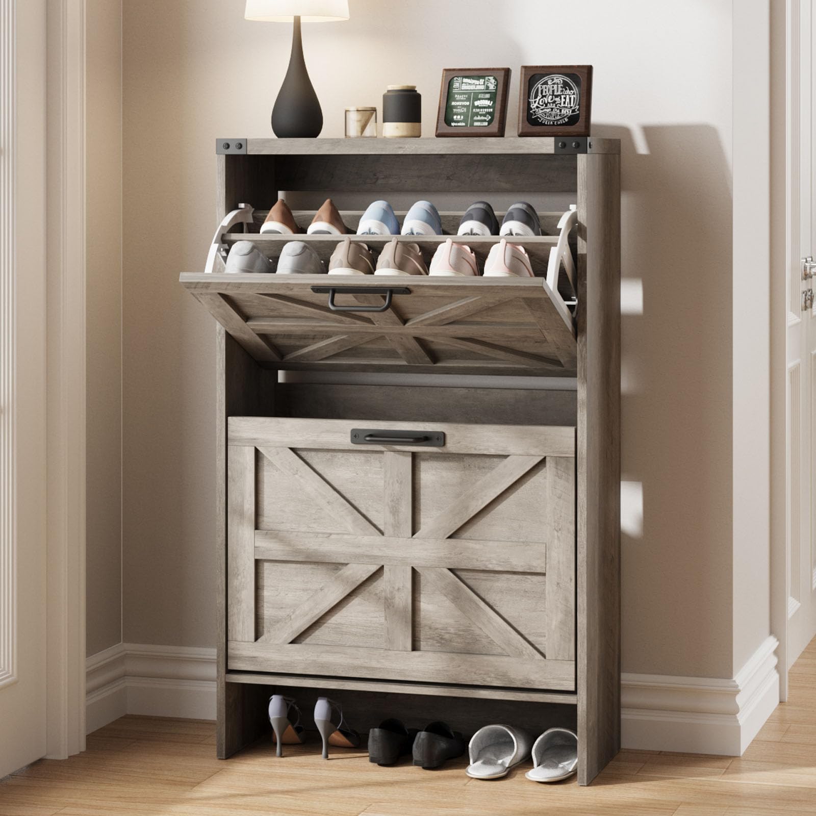 Farmhouse Style Slim Shoe Storage Cabinet with 2 Flip Drawers - Narrow Entryway Organizer for Hidden Shoes, Grey - Perfect for Small Spaces & Entryway Organization