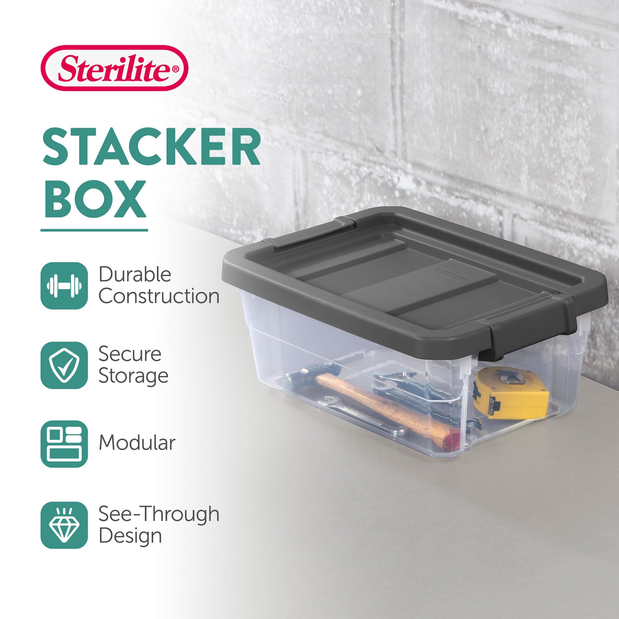 Sterilite 24-Pack 16 Quart Clear Plastic Storage Bins with Secure Latching Lids | Modular Stackable Organizer Boxes for Home, Office & Garage Organization | Perfect for Closet, Pantry & Toy Storage