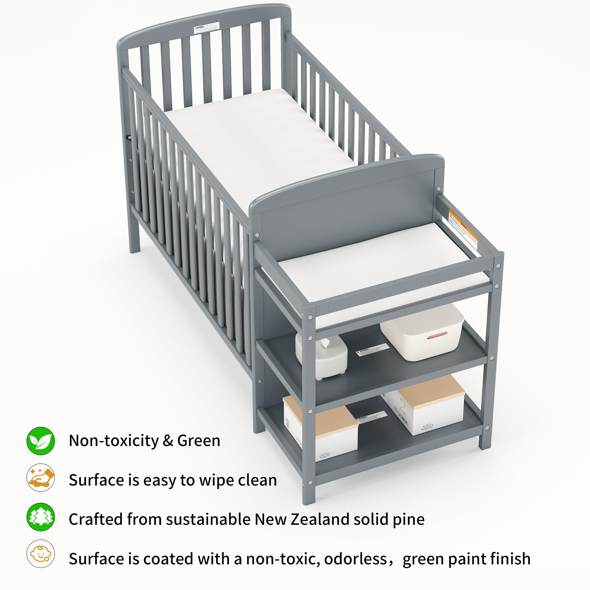 3-in-1 Convertible Baby Crib with Changing Table - Full Size Wooden Crib Converts to Toddler Bed & Daybed - Nursery Furniture with Storage Space, 3 Adjustable Mattress Heights, Non-Toxic Finish (Storm Grey) - Perfect for Small Nursery Rooms & Growing Toddlers