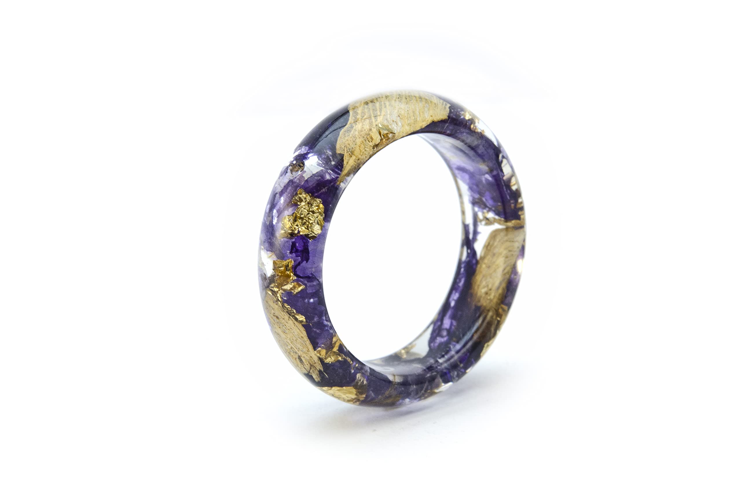 Nature Inspired Engagement Resin Rings with Purple Bells & 24K Gold - Unique Wedding Band for Couples, Handmade Eco-Friendly Jewelry Gift for Her | Perfect for Proposals, Anniversaries & Romantic Occasions