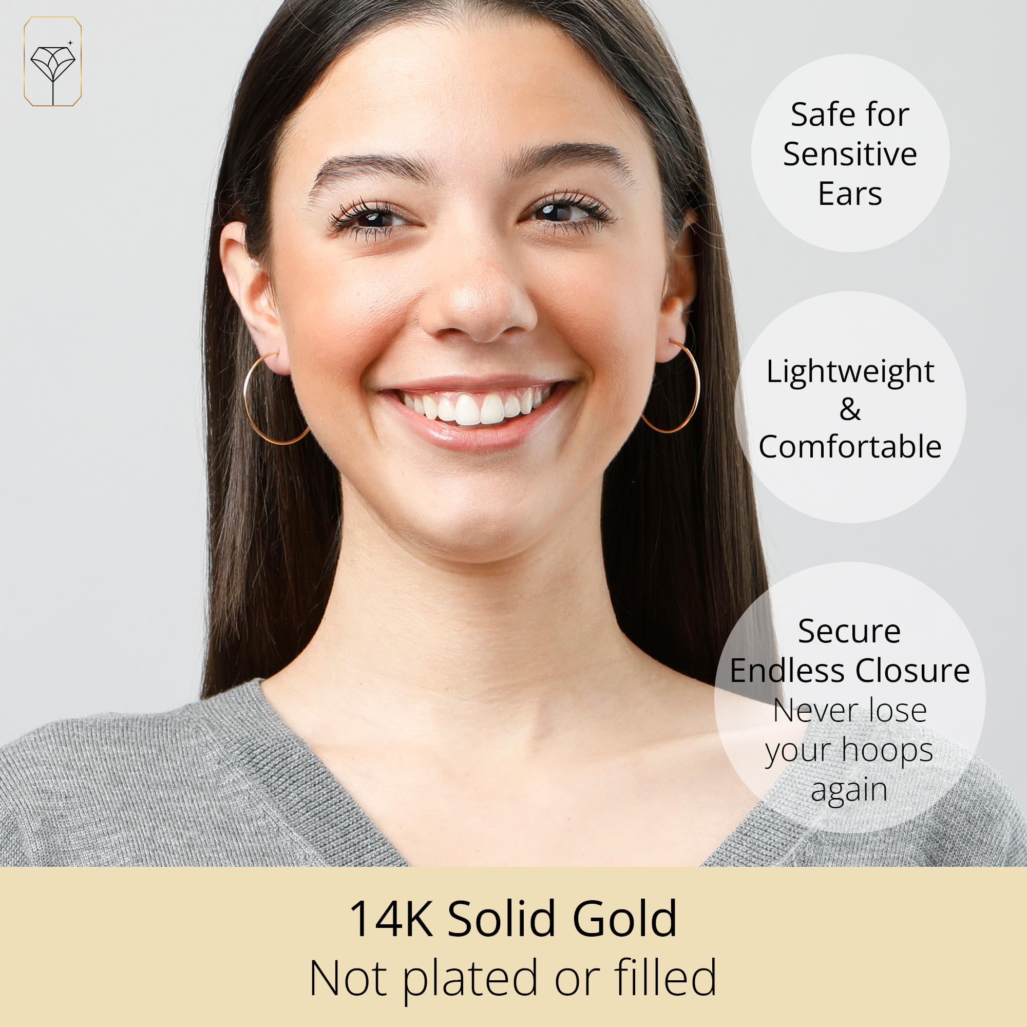 14k Solid Gold Hoop Earrings for Women - 1.5mm Tube Yellow Gold Continuous Flex Hoops | Real 14k Gold Jewelry | Perfect for Everyday Wear, Date Nights & Special Occasions
