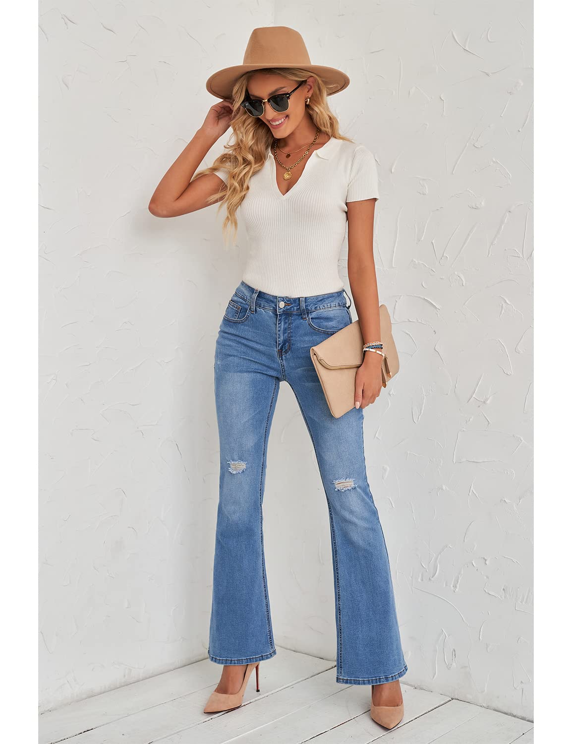 Luvamia Women's Ripped Flare Bell Bottom Jeans - Retro Wide Leg Denim Pants for Casual Outfits & 70s Vintage Style | Perfect for Parties, Dates, and Everyday Wear