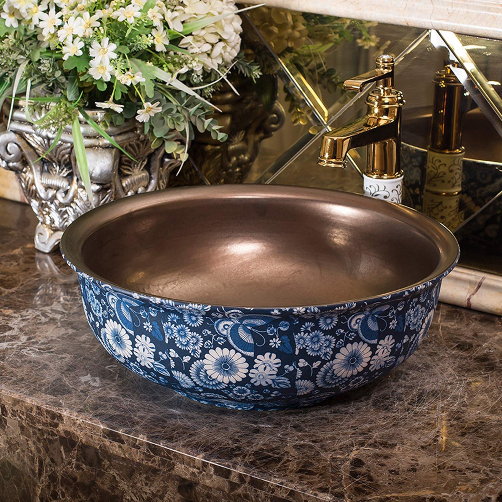 Hand Painted Blue Ceramic Vessel Sink - 17.3