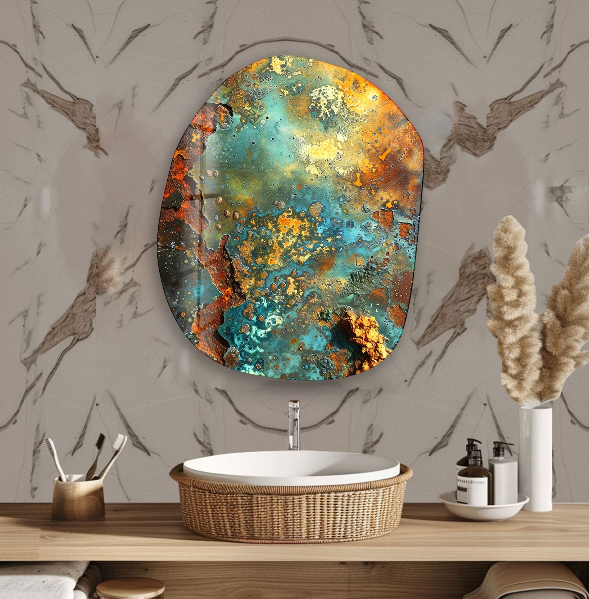 Abstract Green & Copper Oval Glass Wall Art - Modern Home Decor for Living Room, Bedroom & Office - Handmade Glass Artwork for Unique Interior Design