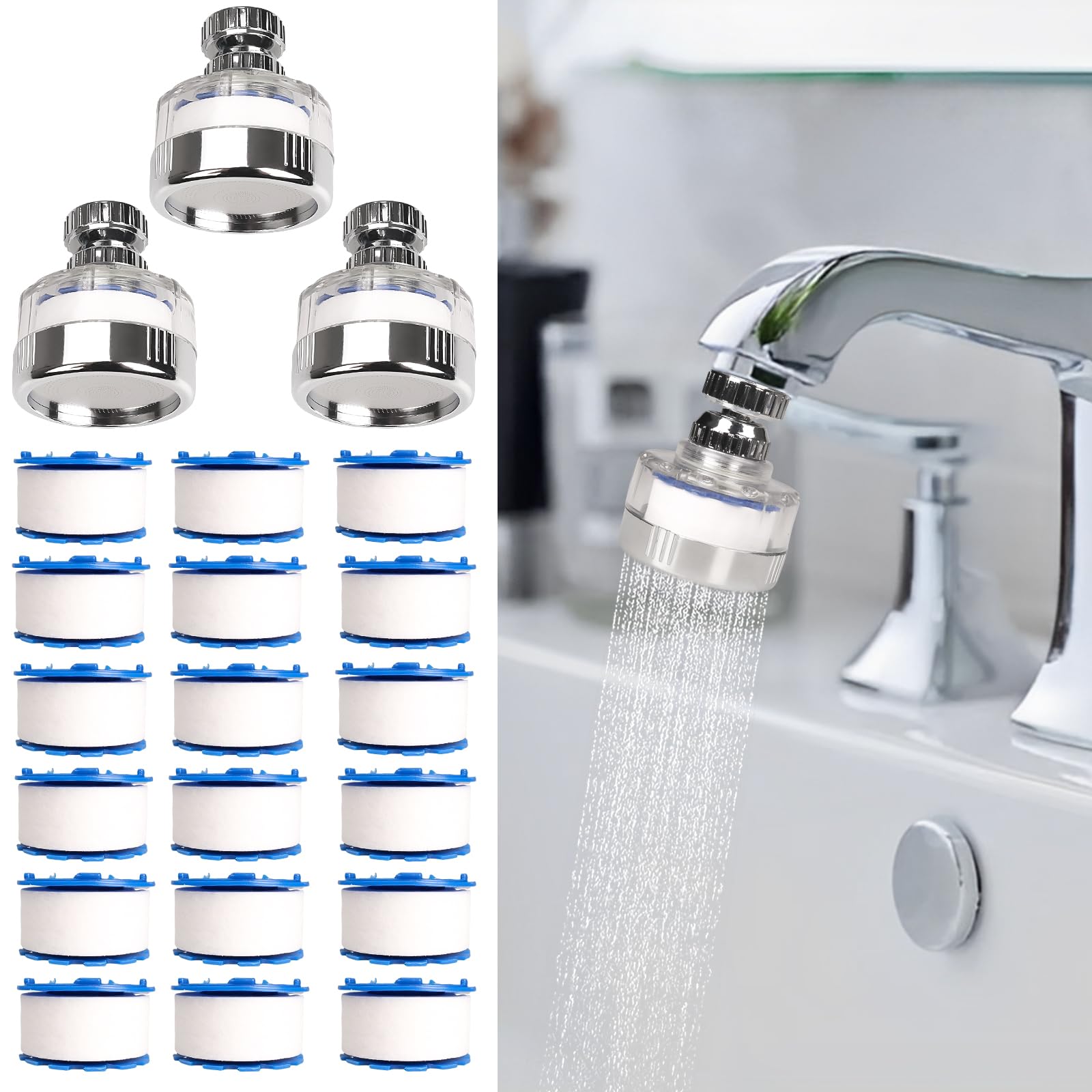 21-Piece Sink Water Filter Set with Replaceable Cartridges - 360° Rotating Faucet Filter for Hard Water & Fluoride Removal - Universal Fit for Kitchen & Bathroom Sinks - Improves Drinking Water Quality & Protects Appliances