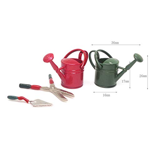 3Pcs Miniature Gardening Tools Set - Small Watering Can, Garden Shears & Shovel for 1:12 Scale Dollhouse Decor, Fairy Garden, Terrarium & Miniature Landscaping (Red)