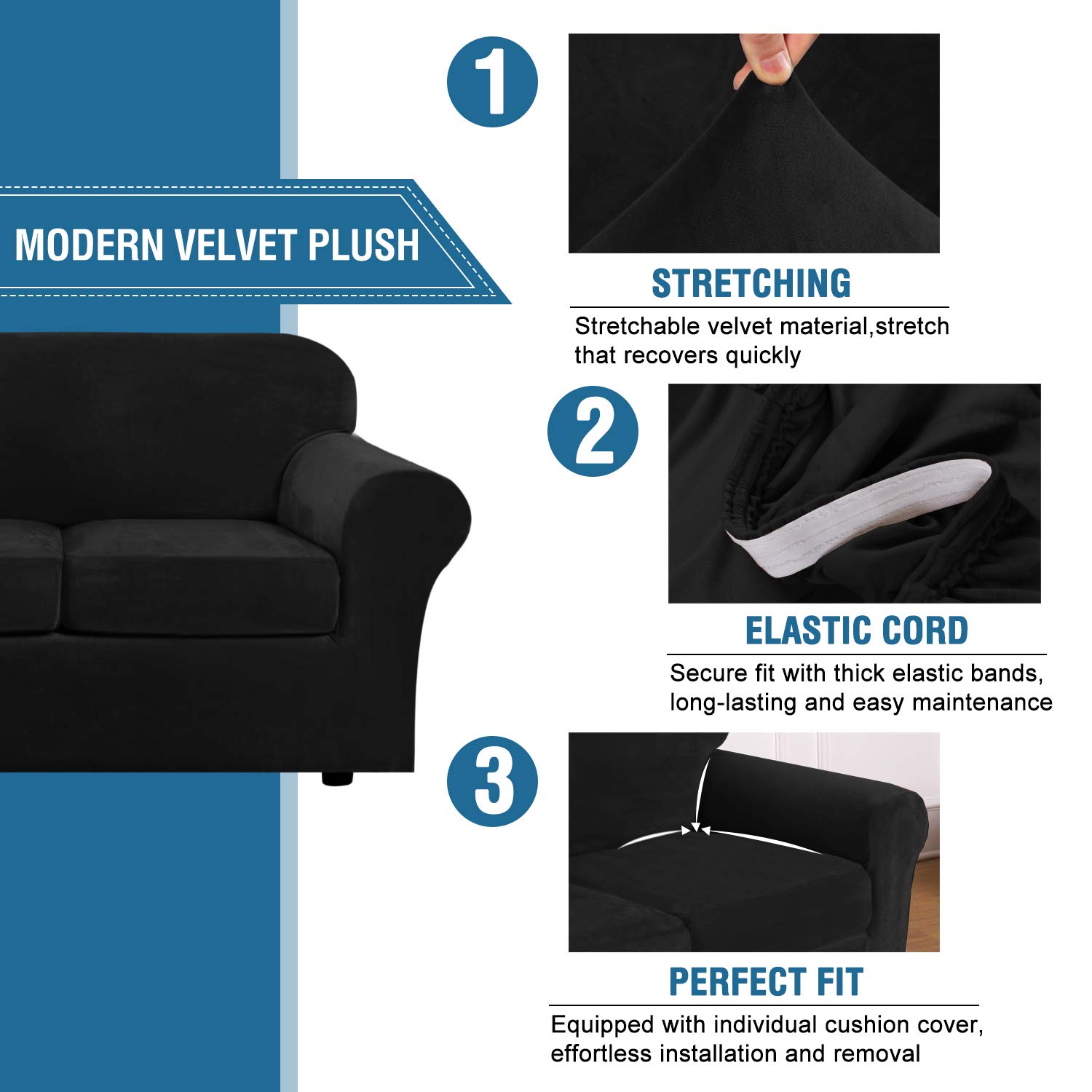 H.VERSAILTEX Modern Velvet 4-Piece Stretch Sofa Slipcover - Form-Fitting Furniture Protector for 3-Seater Couches up to 90