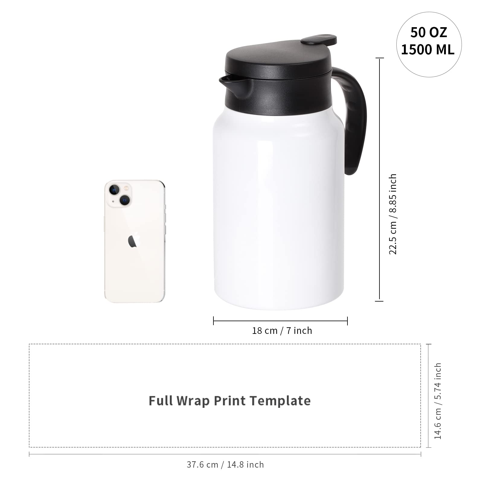 PYD Life 50oz Stainless Steel Double Wall Vacuum Insulated Thermal Carafe - 1.5L White Coffee Pot for Sublimation Printing (2 Pack) | Perfect for Office, Home & Outdoor Use