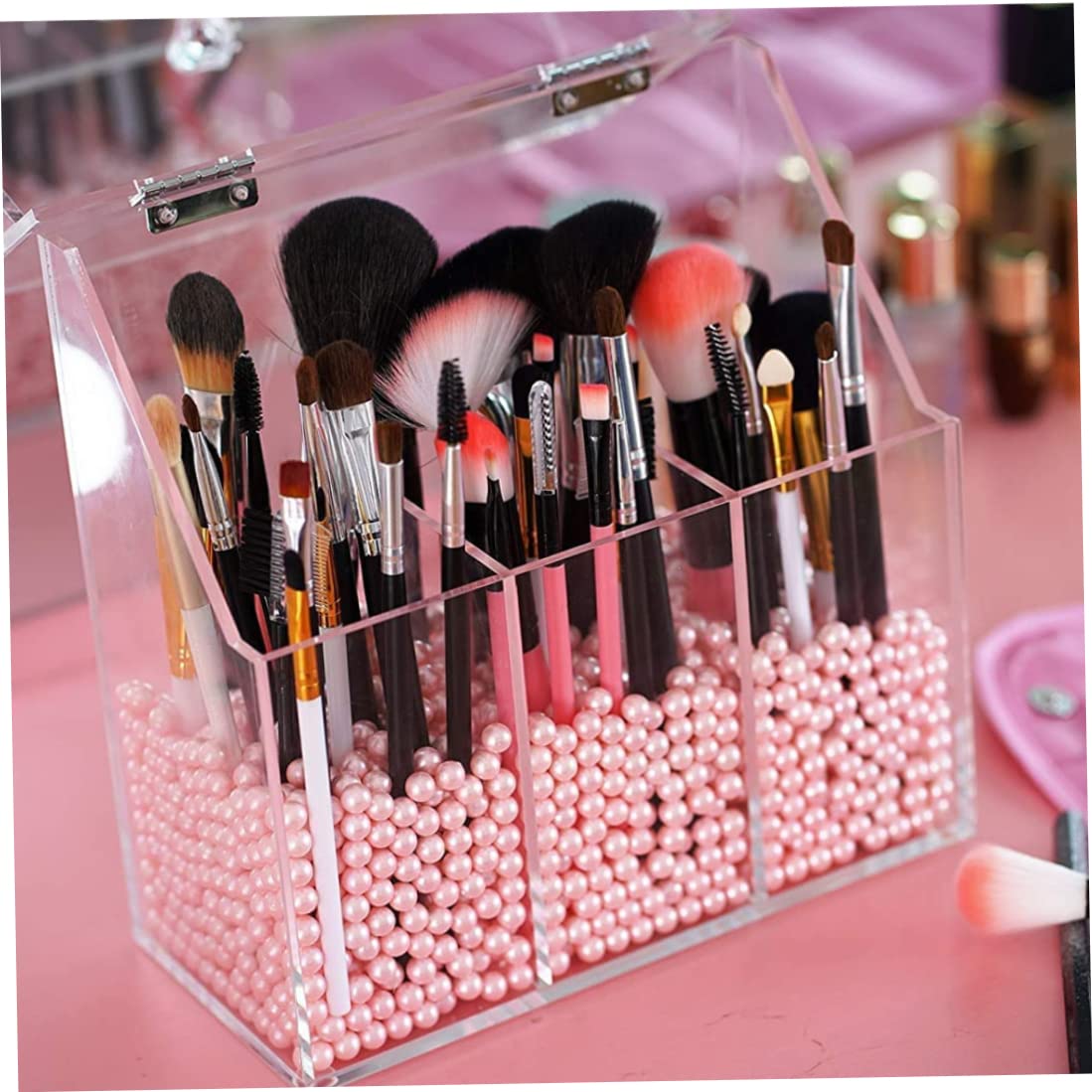 Clear Acrylic Makeup Brush Organizer with Lid - 3 Compartment Cosmetic Brush Storage Box | Perfect for Vanity, Bathroom & Travel Organization | Makeup Brush Holder for Professional & Home Use