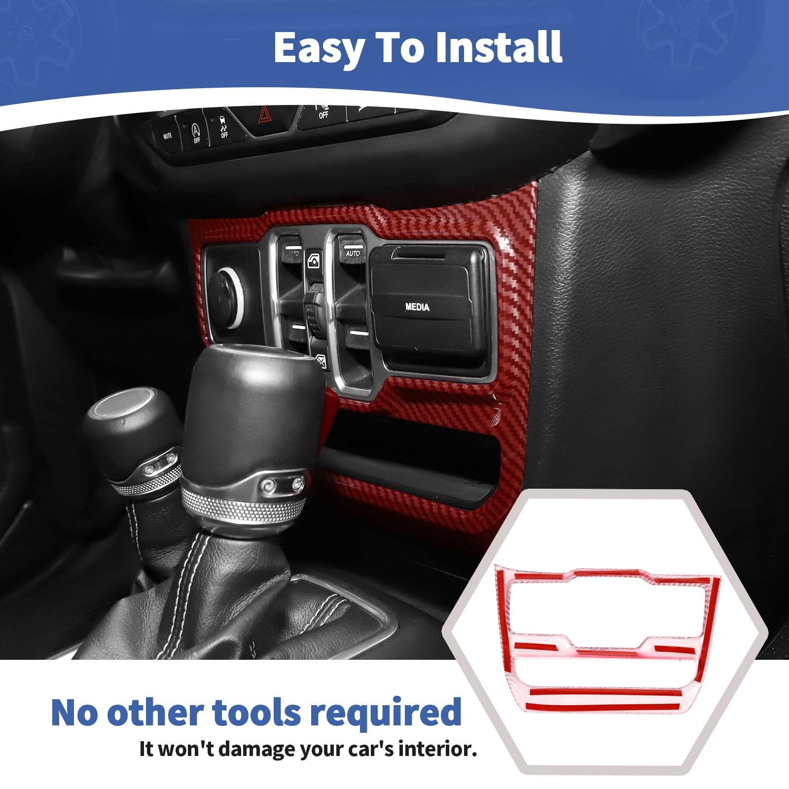 RT-TCZ Red Carbon Fiber Center Dash Window Switch Panel Trim Cover for Jeep Wrangler JL JLU & Gladiator JT (2018-2024) - Interior Upgrade Accessories for Off-Roading & Daily Driving