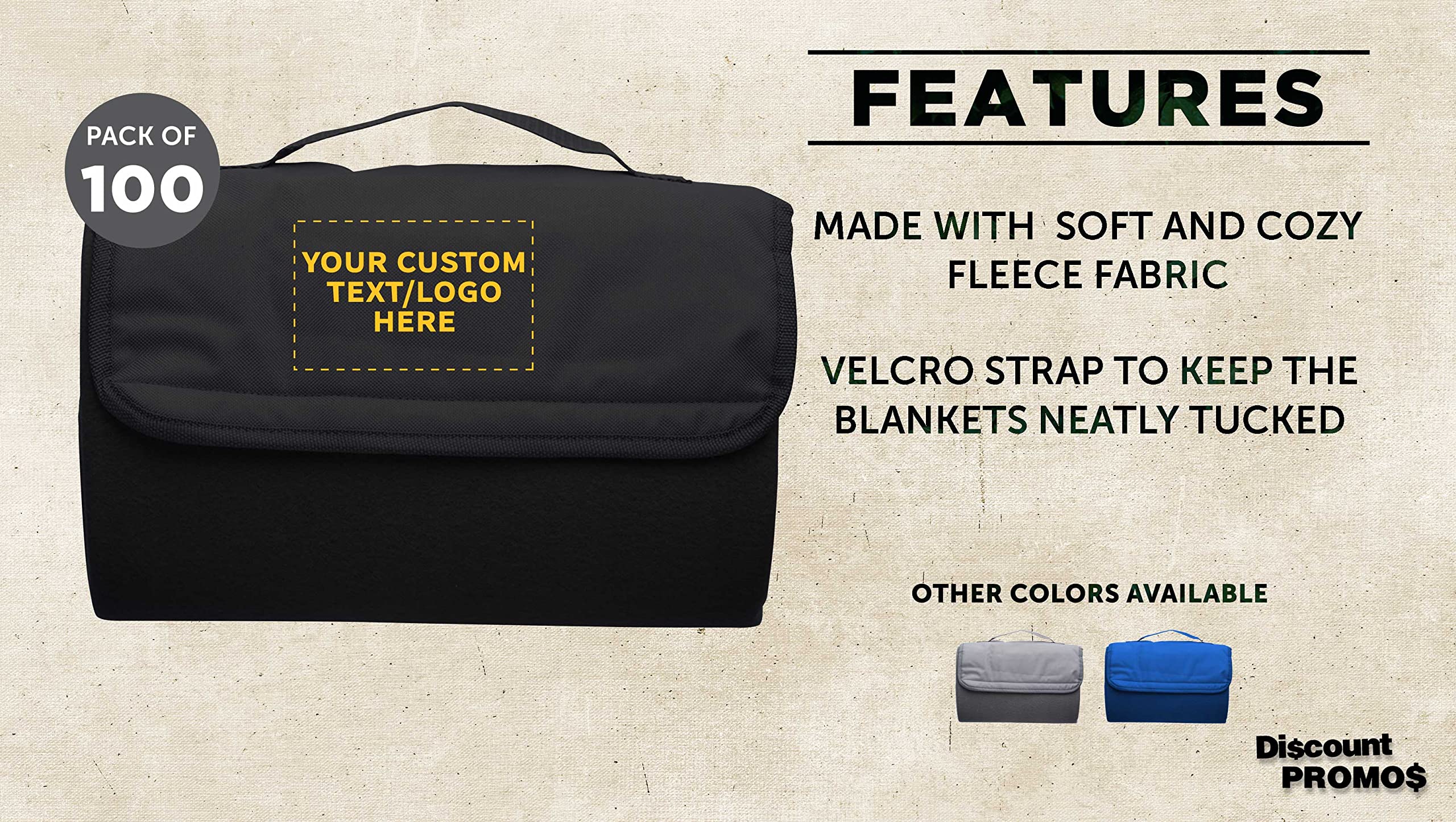 Custom Roll Up Picnic Blankets Bulk Set of 100 - Personalized Waterproof Outdoor Blankets for Camping, Beach, Sports & Picnics - Perfect for Family Outings, Concerts, Park Gatherings & Tailgating - Black