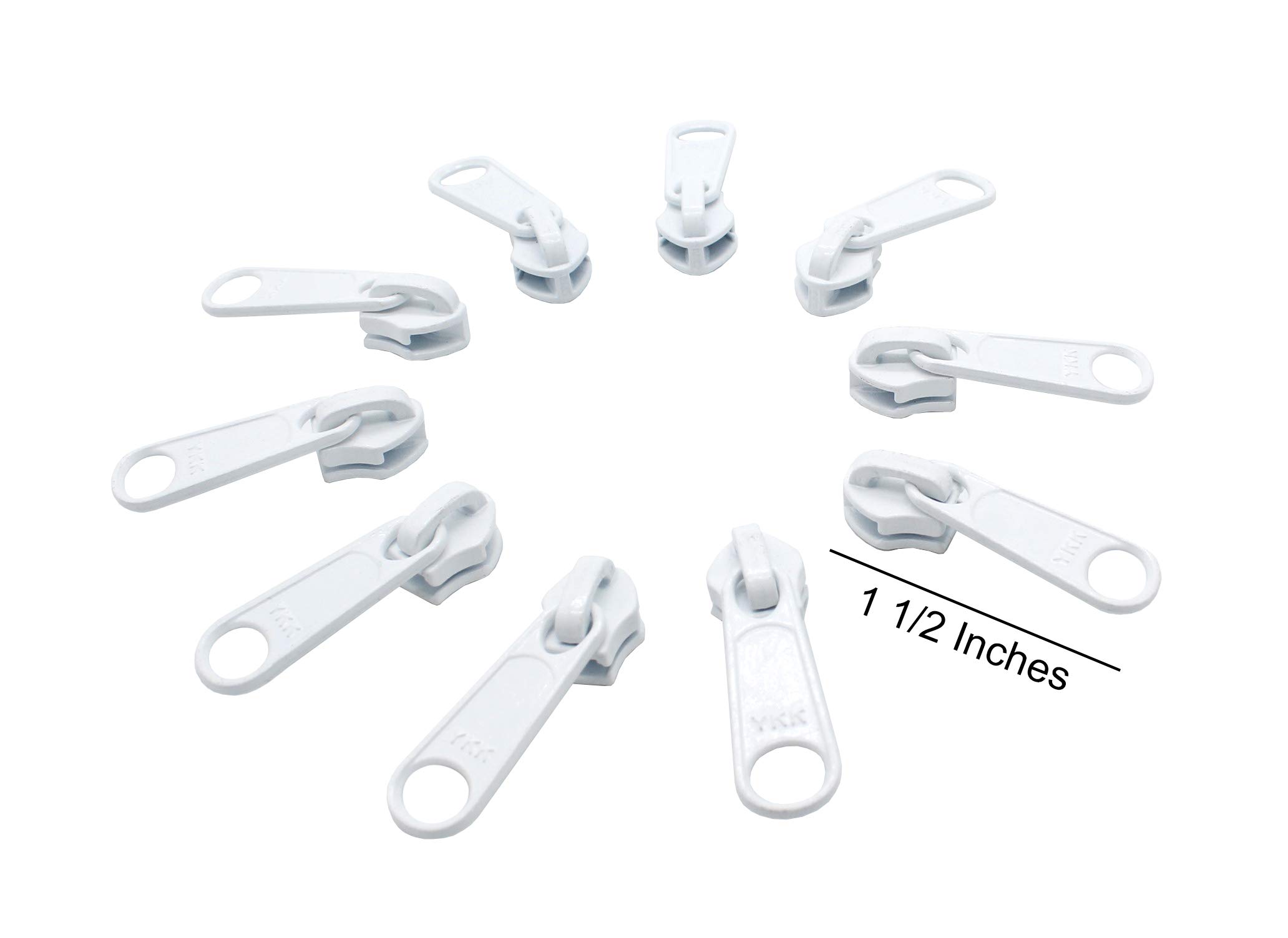 YKK #5 Coil Zipper Chain with Pulls - 5 Yards White Nylon Zipper Tape & 10 Metal Sliders for DIY Bags, Jackets, Cushions & Crafts - Heavy Duty Sewing Supplies