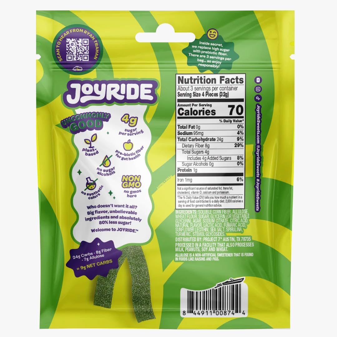 Sour Green Apple Candy Strips - 80% Less Sugar, 3.5oz | Low Sugar Gummy Belts, Tart Fruit Snacks | Perfect for Lunchboxes, Movie Nights & Party Favors