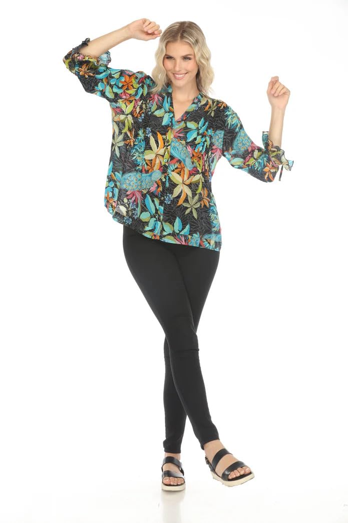 Johnny Was Vacanza Blouse - Floral Peacock Print Deep Black Button Up Shirt Top for Women, Small | Boho Chic Style for Casual Wear, Date Nights & Summer Outfits