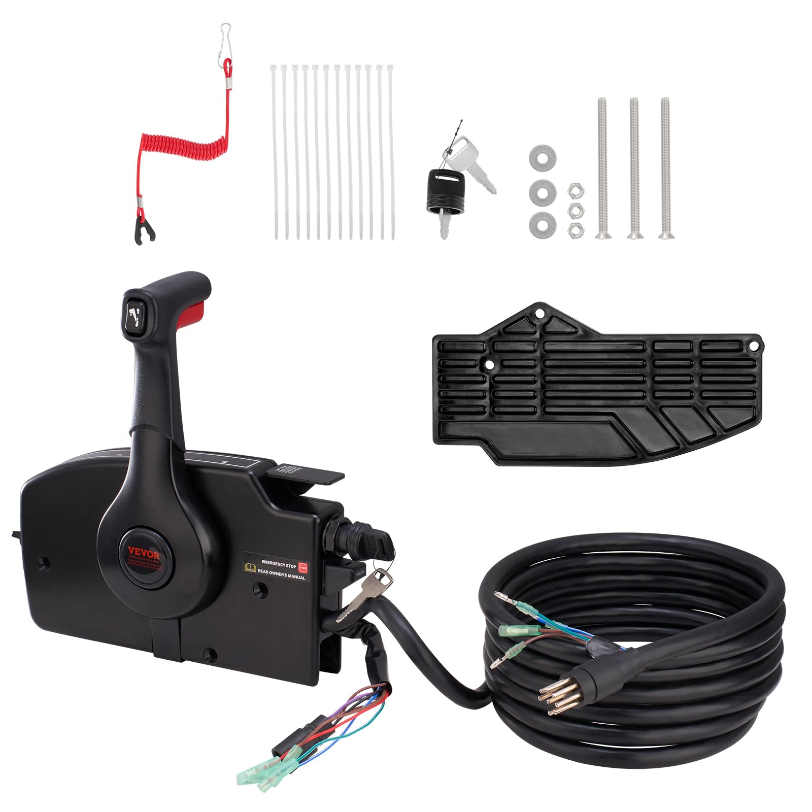 VEVOR Marine Boat Throttle Control Box - Side-Mounted Outboard Remote Control for Mercury PT 2-Stroke Engines with Power Trim Switch | 16.3ft 8+4 Pin Harness & Safety Lanyard | Perfect for Fishing Boats, Speedboats & Water Sports