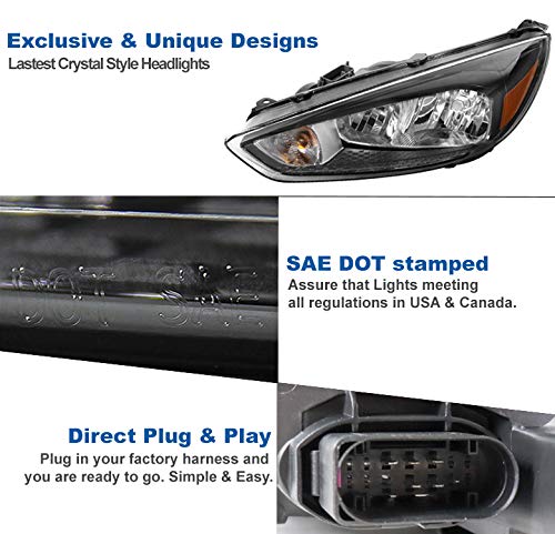 Replacement Black Headlights Headlamps Compatible with 2015-2018 Ford Focus S/SE/ST - Durable Aftermarket Headlights for Night Driving & Fog Conditions