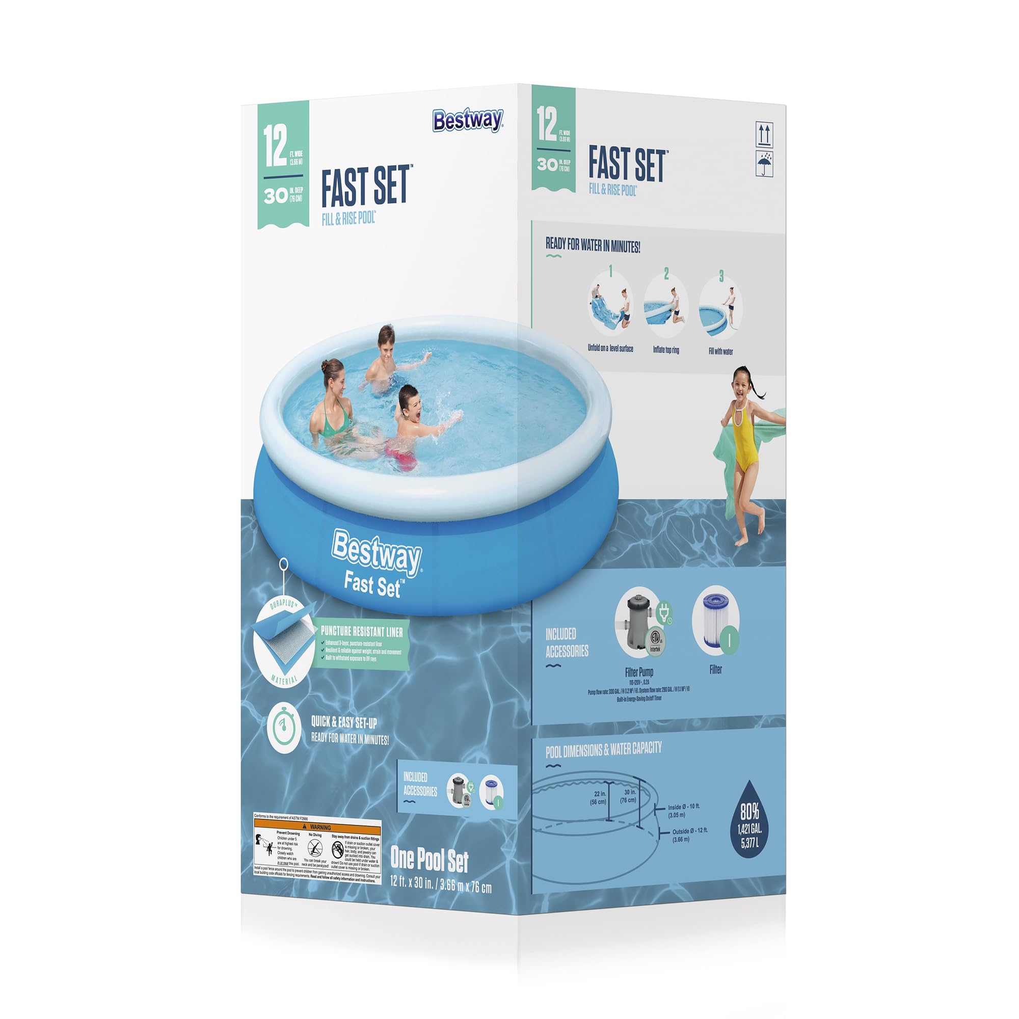 Bestway 57275E Fast Set Up 12ft x 30in Inflatable Above Ground Swimming Pool with 330 GPH Filter Pump - Perfect for Backyard Fun, Family Gatherings & Summer Relaxation