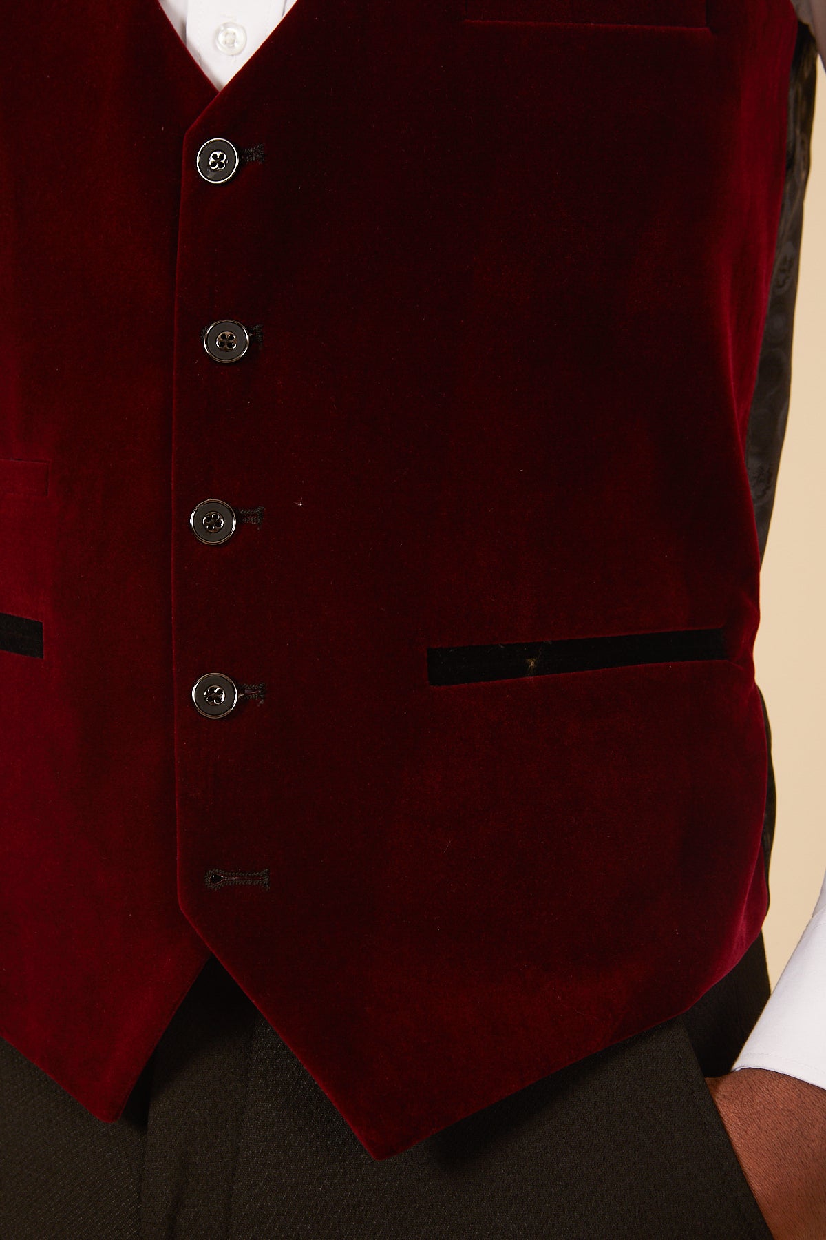 HUDSON Wine Velvet Jacquard Waistcoat for Men - Elegant Formal Vest with Jacquard Pattern - Perfect for Weddings, Parties & Special Occasions