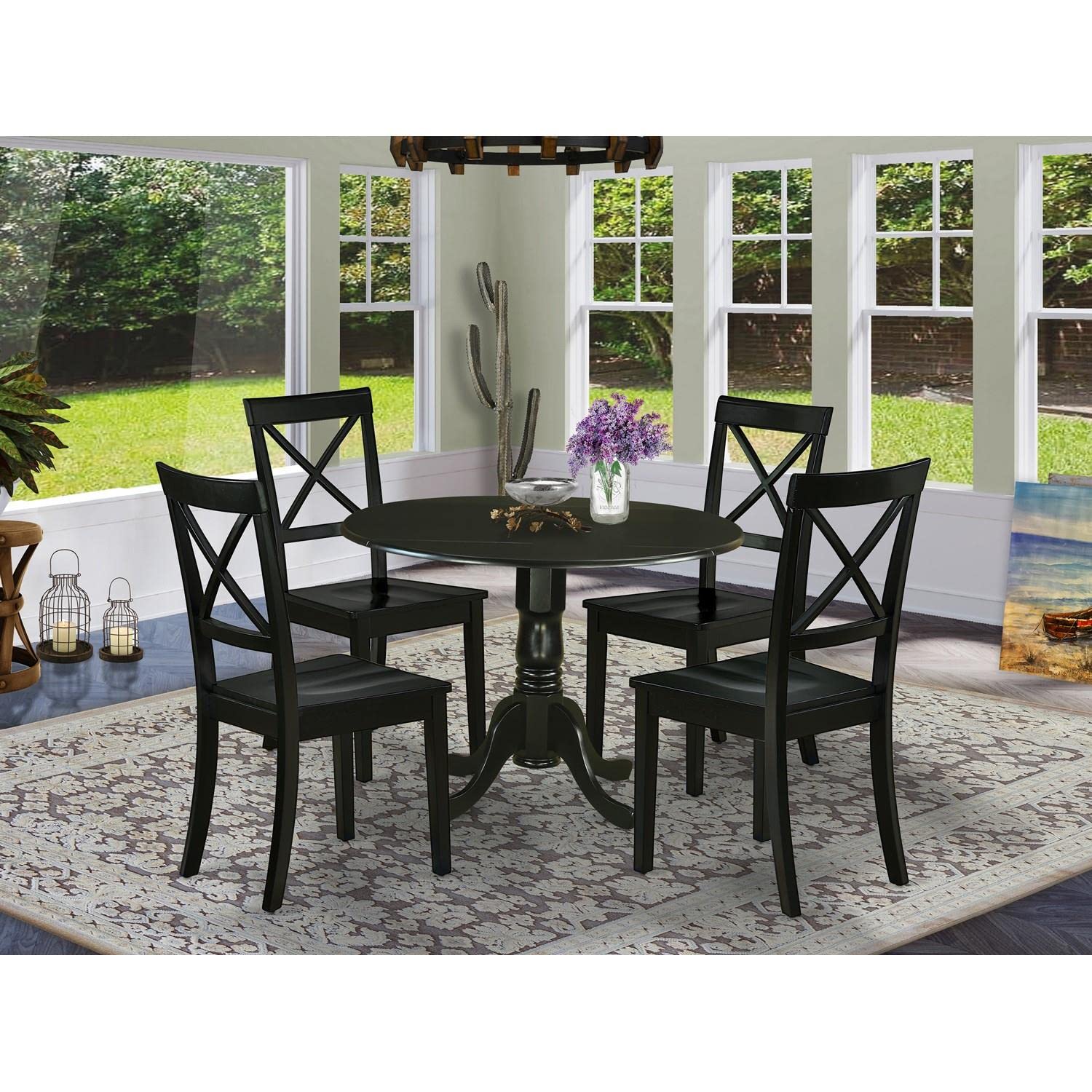 East West Furniture DLBO5-BLK-W 5-Piece Round Dining Table Set with Drop Leaf & 4 Chairs, 42x42 Inch, Black - Perfect for Small Kitchens, Breakfast Nooks & Cozy Apartments