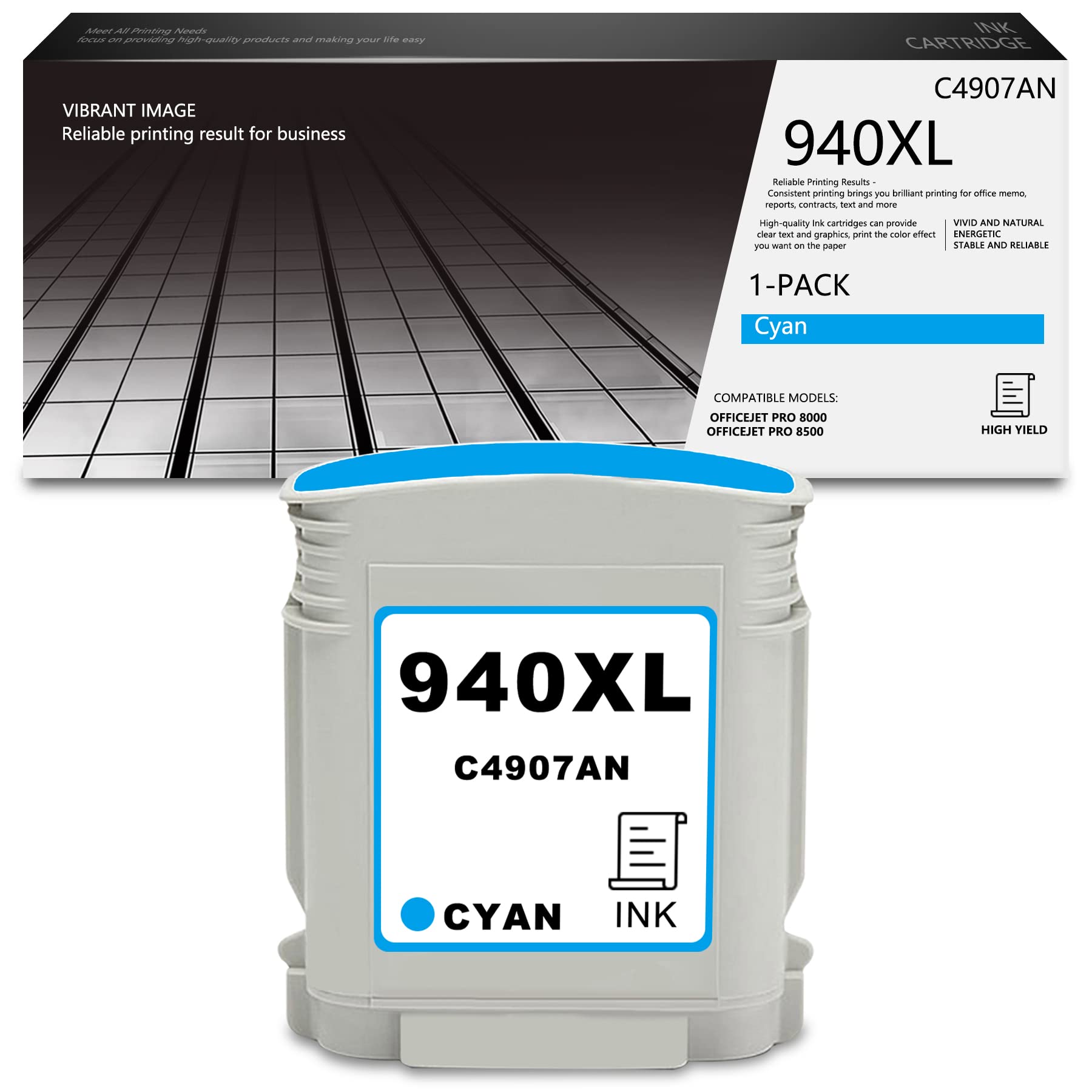 VASERINK 940XL C4907AN High Yield Remanufactured Cyan Ink Cartridge - Compatible with HP OfficeJet Pro 8000 & 8500 Printers (1 Pack) | Perfect for Home Office Printing, Business Documents & School Projects