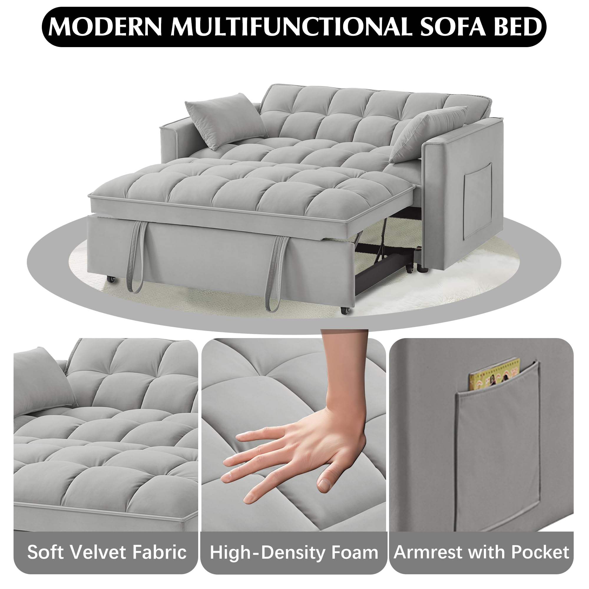 3 in 1 Convertible Velvet Sleeper Sofa Bed with Storage Pockets & 2 Pillows - Modern Foldable Couch for Small Spaces, Living Room, Apartment, Bedroom & Office - Perfect for Guests, Lounging & Space Saving (Gray)