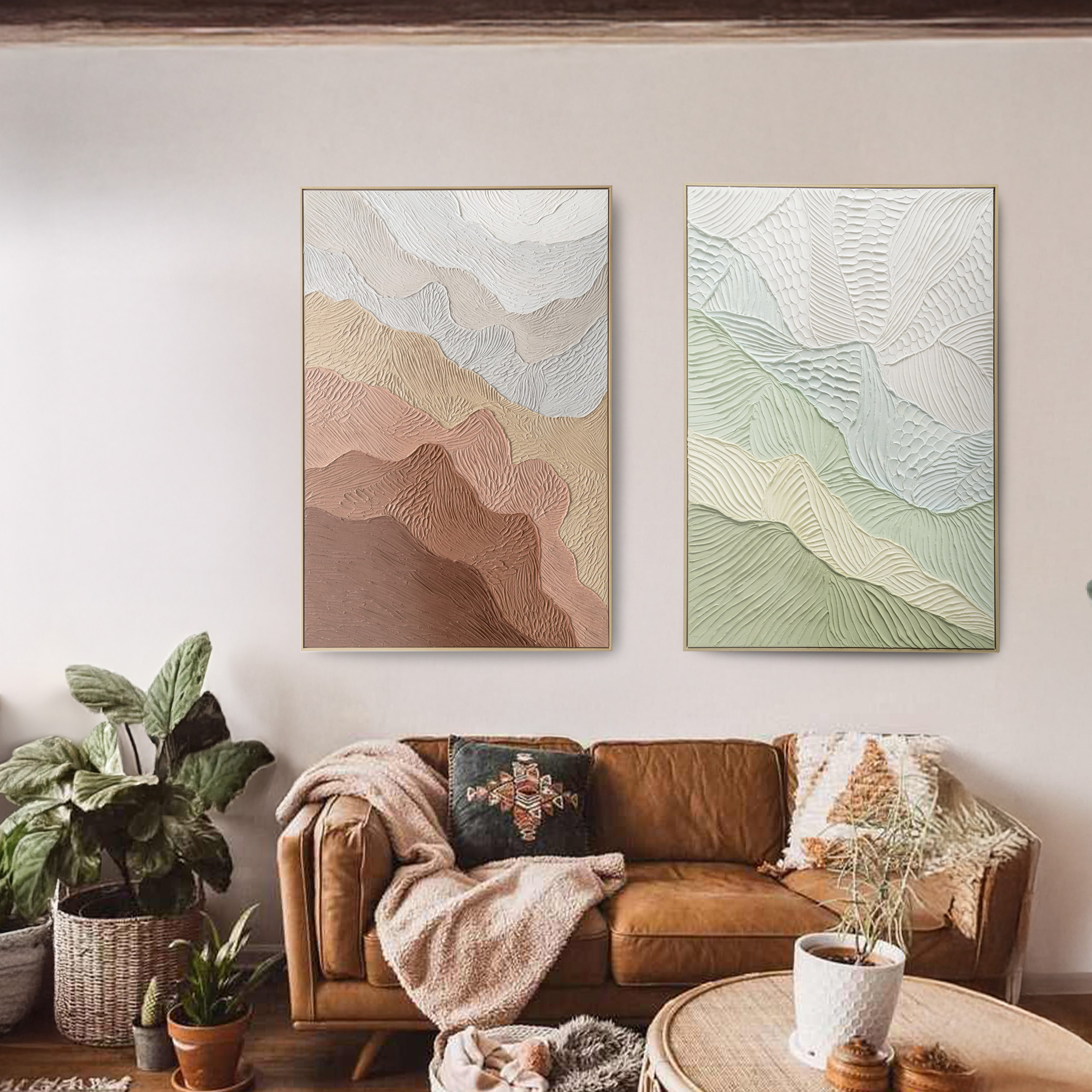 Urban Style Brushmarks Oil Painting Textured Ochre Ripples - Handmade Canvas Wall Art for Living Room, Bedroom & Office Decor