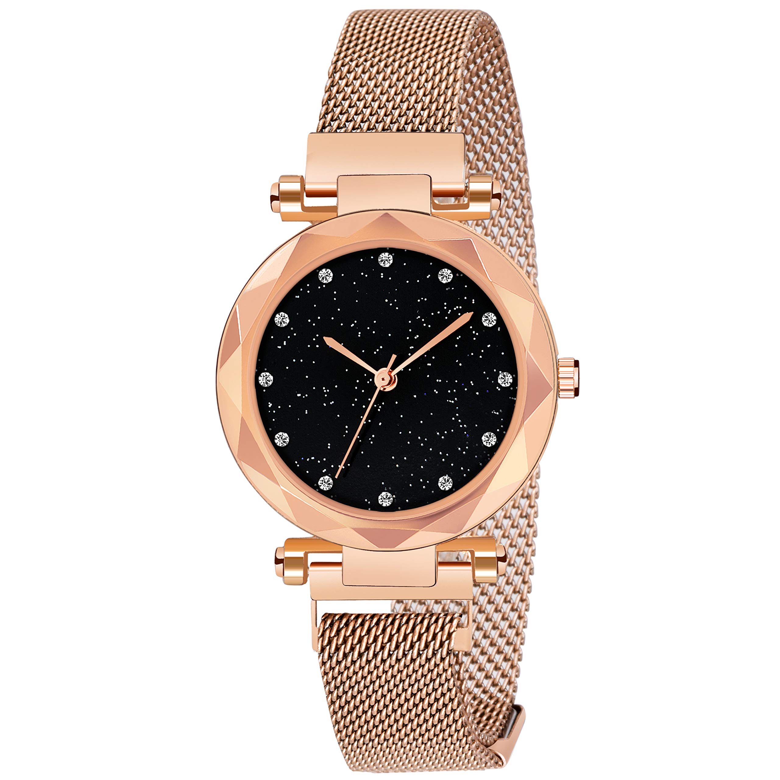 Elegant Analog Diamond Black Dial Magnetic Women's Watch with Gift Bracelet Set - Stylish Casual Watch for Women & Girls (2-Piece Combo) | Perfect for Everyday Wear, Office, Parties & Special Occasions
