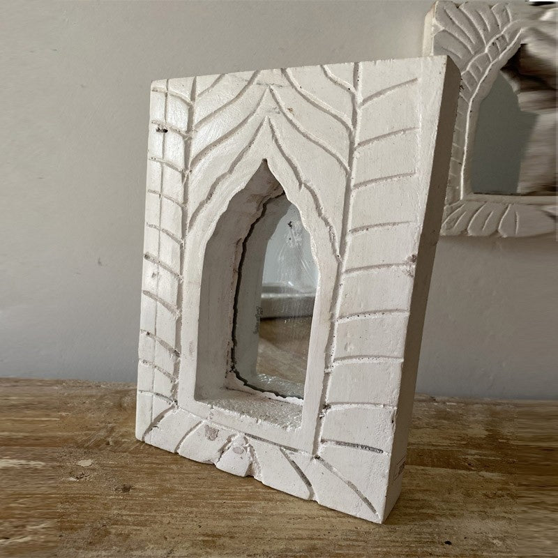 Hand Carved Indian Solid Wood Temple Mirror - Whitewashed 23cm Wall Decor for Home, Yoga Studio & Meditation Space - Boho & Ethnic Style Decorative Mirror