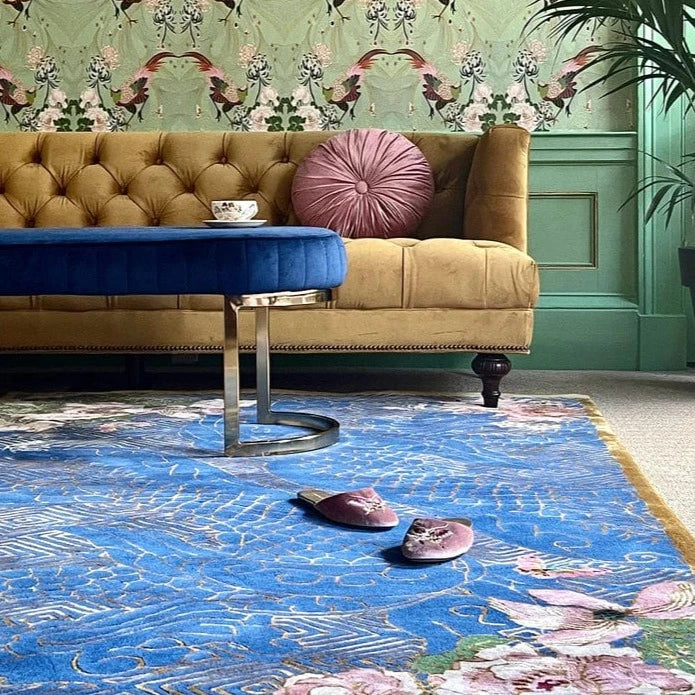 Blue & Gold Hand Tufted Dragon Floral Rug - Premium Home Decor for Living Room, Bedroom, or Office - Pre Order Now