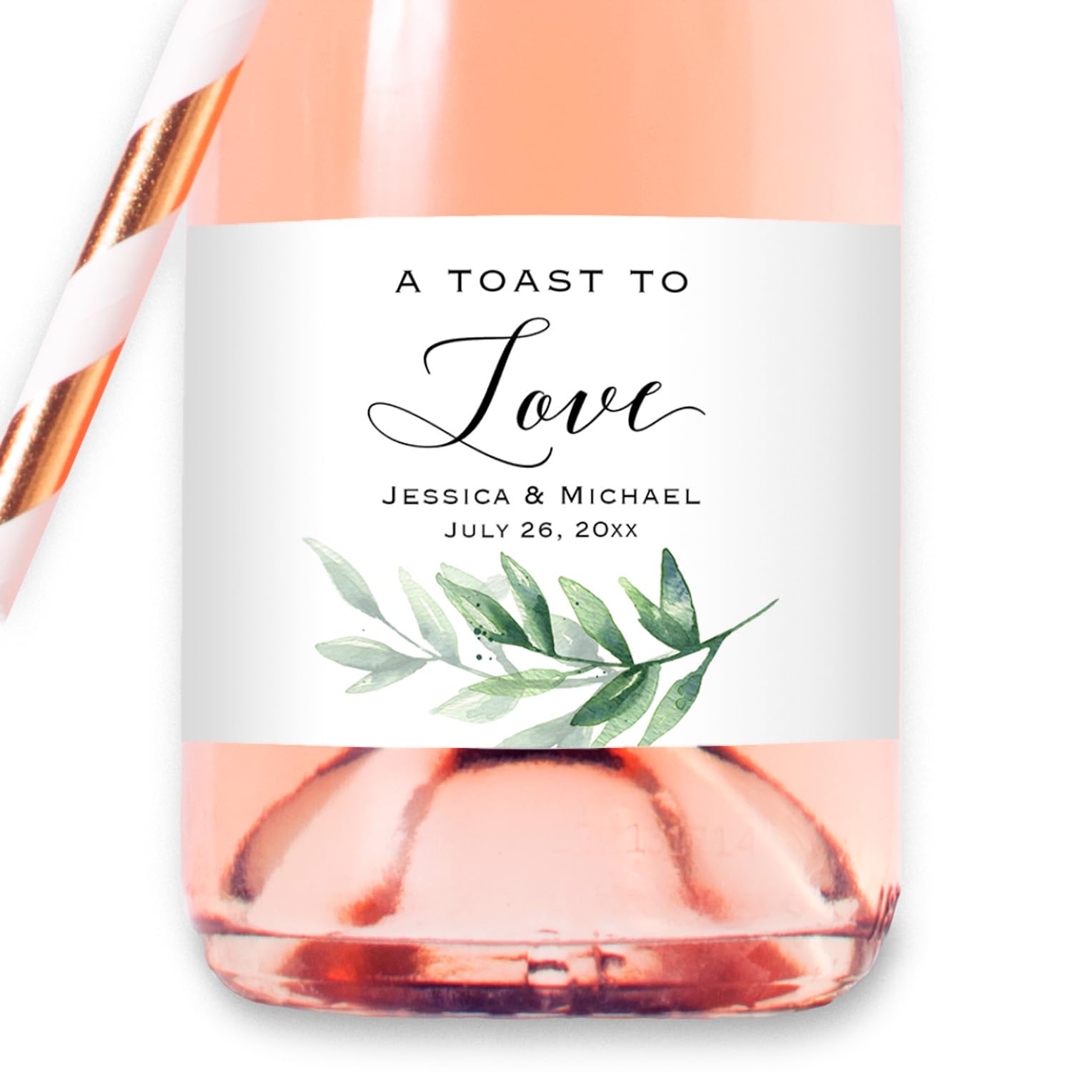 Custom Greenery Mini Champagne Bottle Labels - Personalized Waterproof Wine Bottle Stickers for Wedding, Anniversary, Bridal Shower & Birthday Parties - Perfect for Romantic Celebrations, Couple Gifts & Special Occasion Decorations