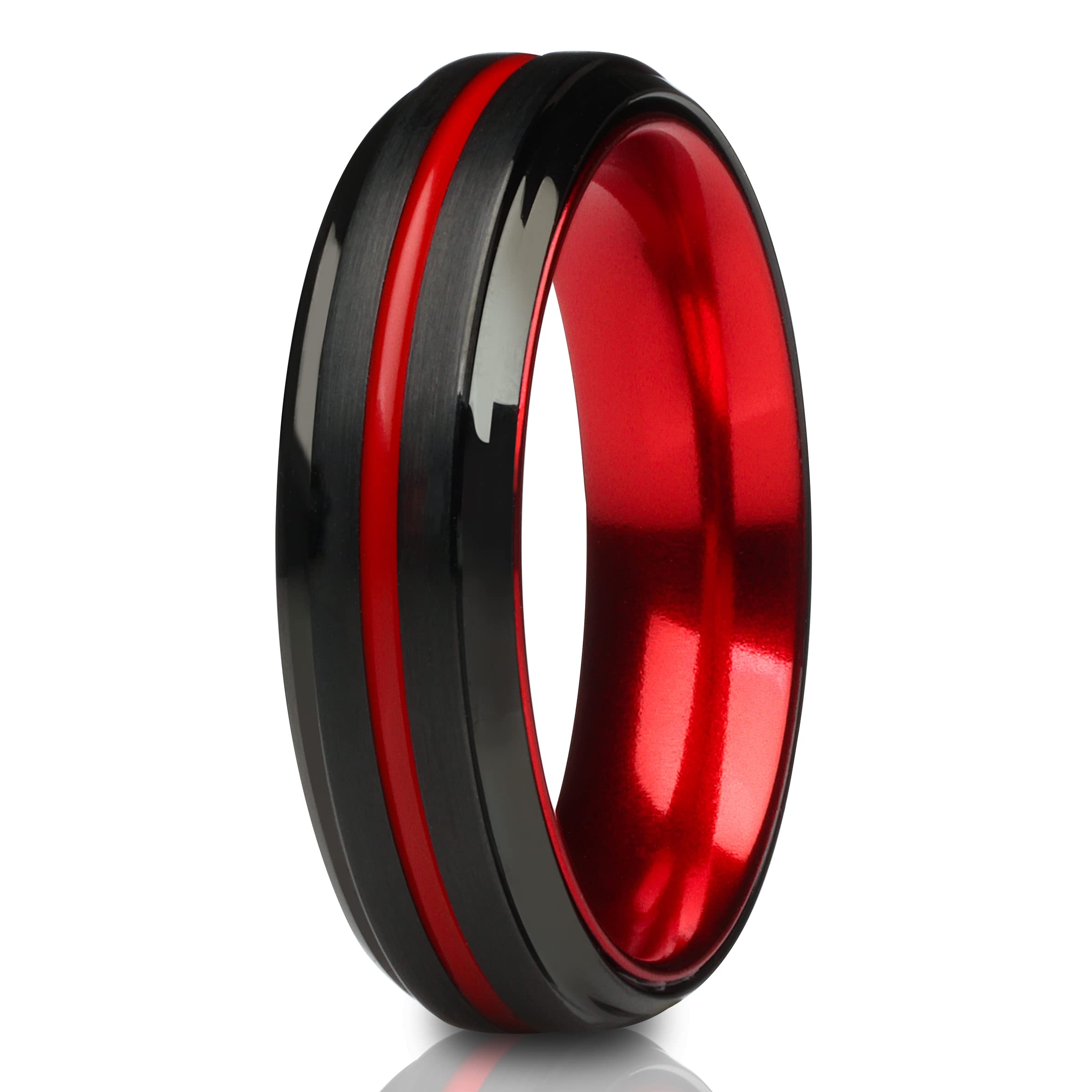 Red Tungsten Wedding Ring for Men & Women - 6mm Black Tungsten Wedding Band - Durable & Scratch-Resistant Engagement Ring - Perfect for Anniversaries, Proposals & Everyday Wear