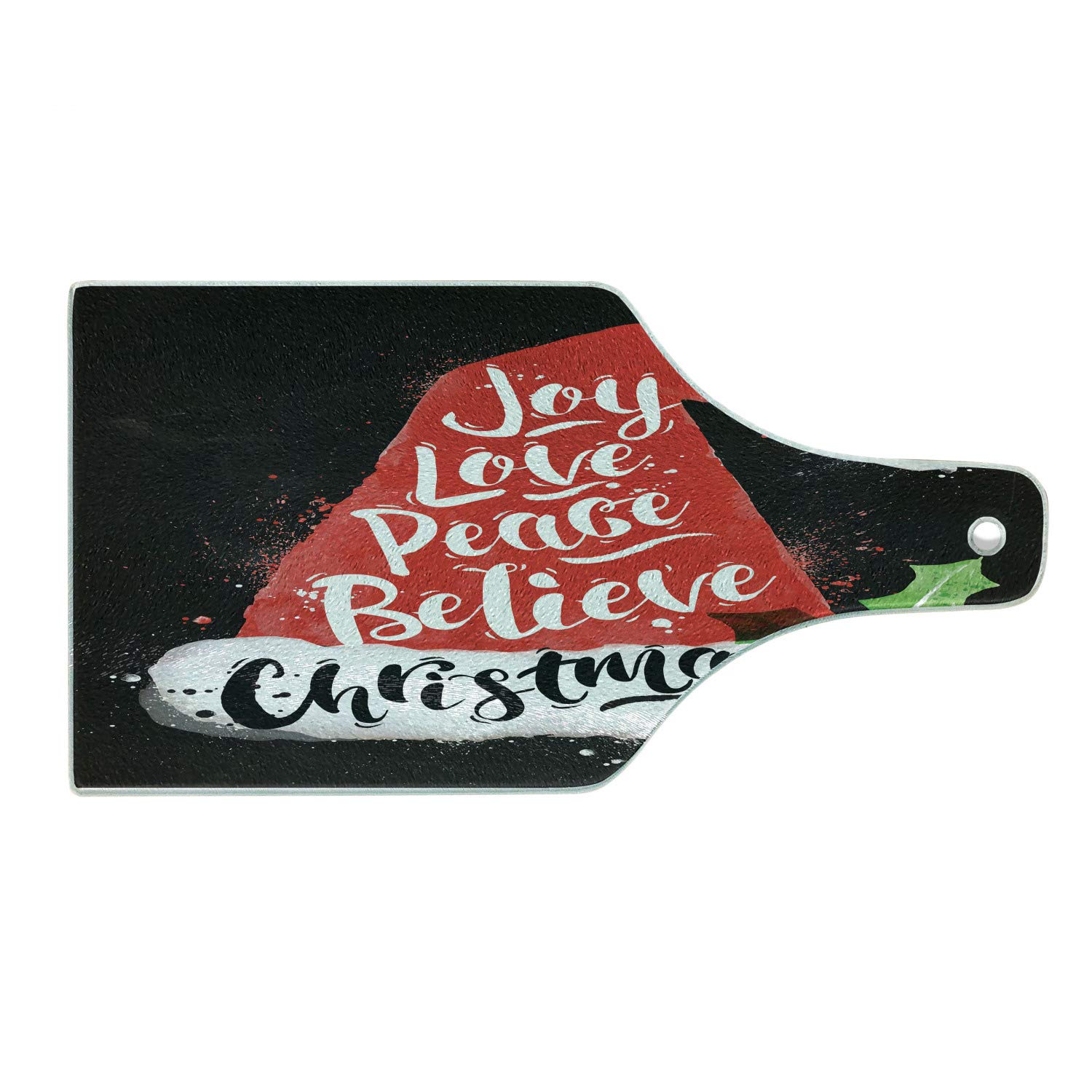Ambesonne Santa Christmas Cutting Board - Vintage Watercolor Design with Joy Love Peace Believe Lettering, Tempered Glass Serving Board for Holiday Decor, Wine Bottle Shape in Black Red White - Perfect for Christmas Dinner, Party Serving, and Festive Home Decor