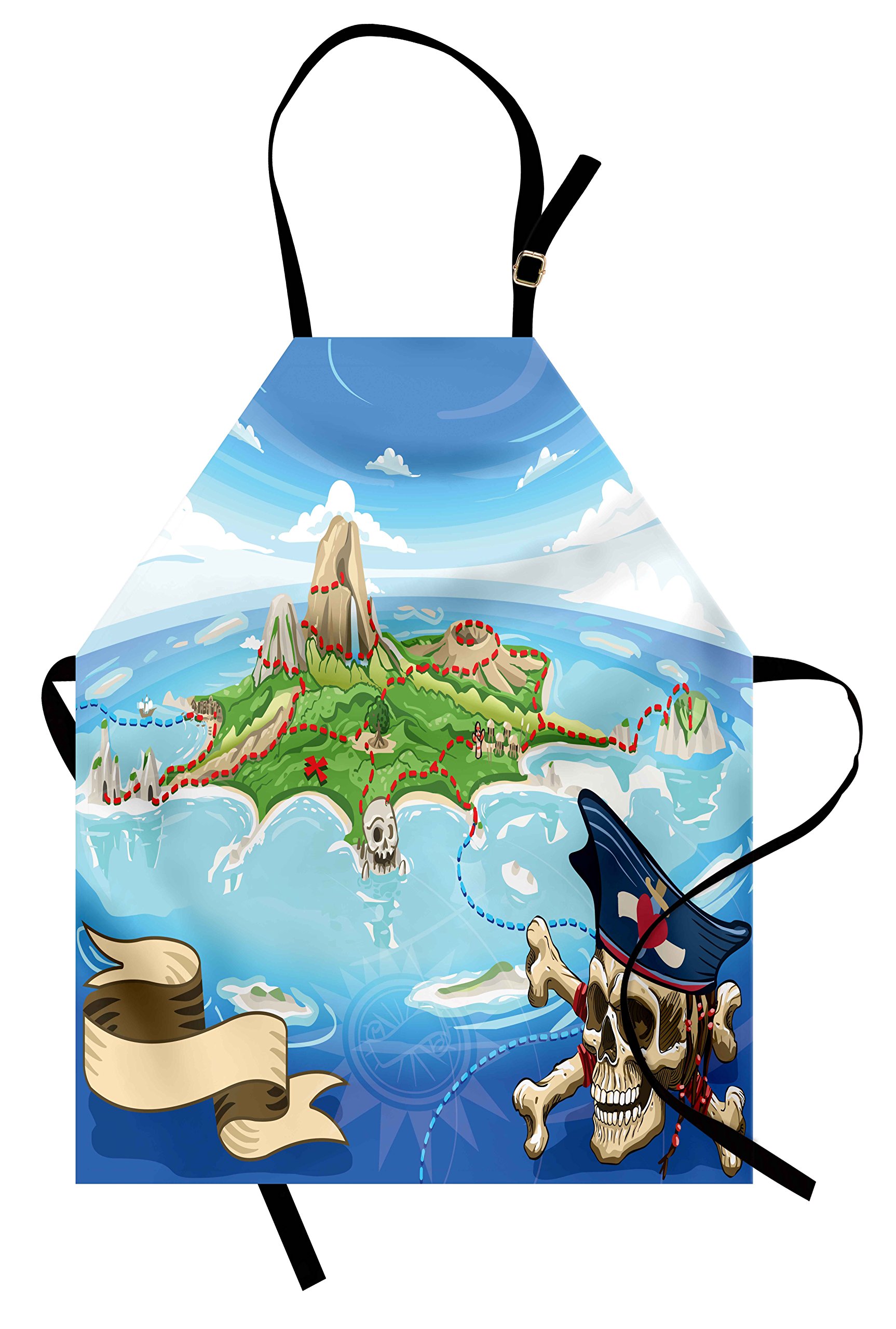 Ambesonne Fantasy Pirate Cove Island Map Apron - Unisex Kitchen Bib with Adjustable Neck for Cooking, Baking & Gardening - Aerial View Skull & Crossbones Design - Perfect for Home Chefs, BBQ Parties & Themed Events