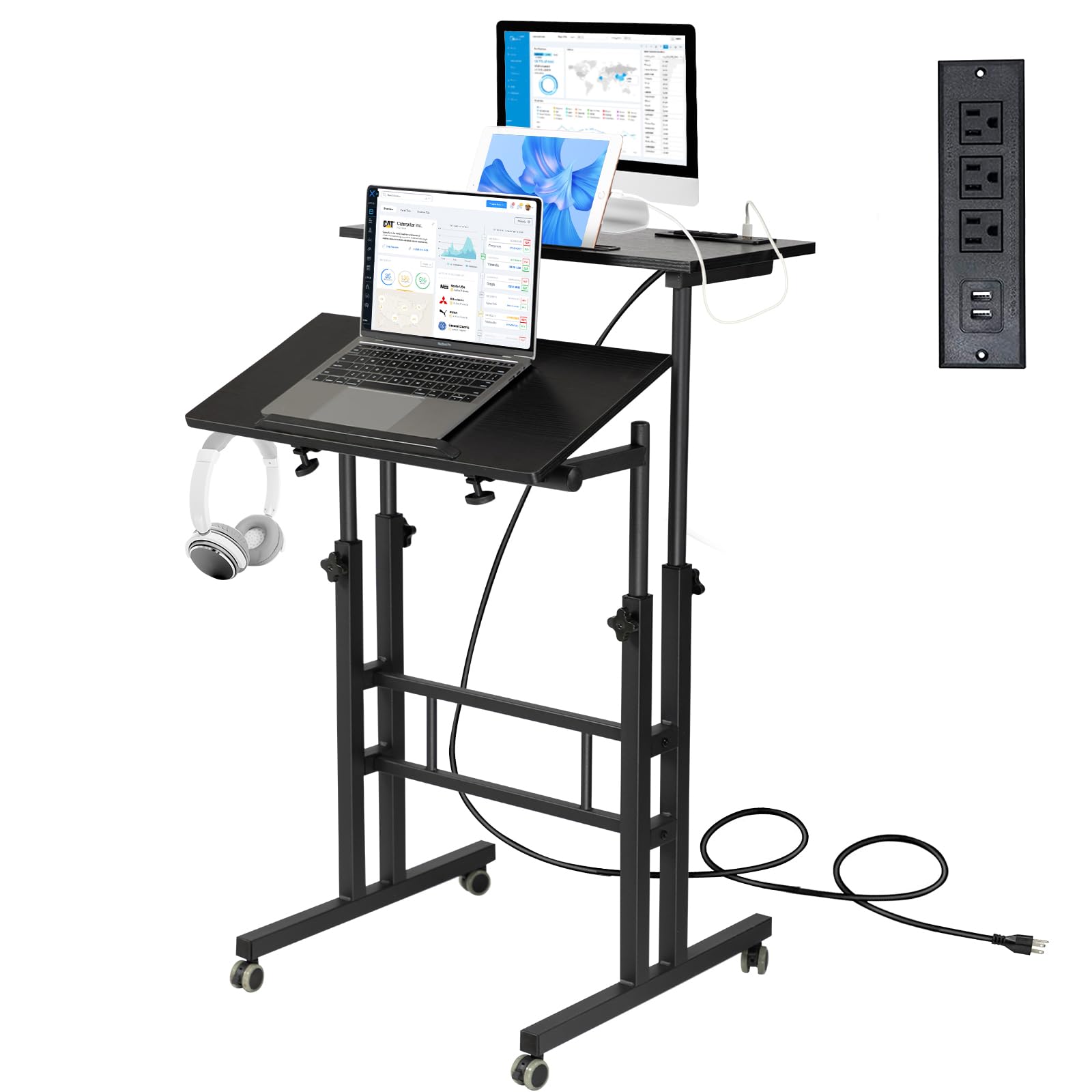 Hadulcet Adjustable Mobile Standing Desk with USB Charging Station - Rolling Laptop Cart with Wheels for Home Office, Classroom & Workspace - Ergonomic Height Adjustable Computer Desk (Black) - Perfect for Remote Work, Online Classes & Small Spaces