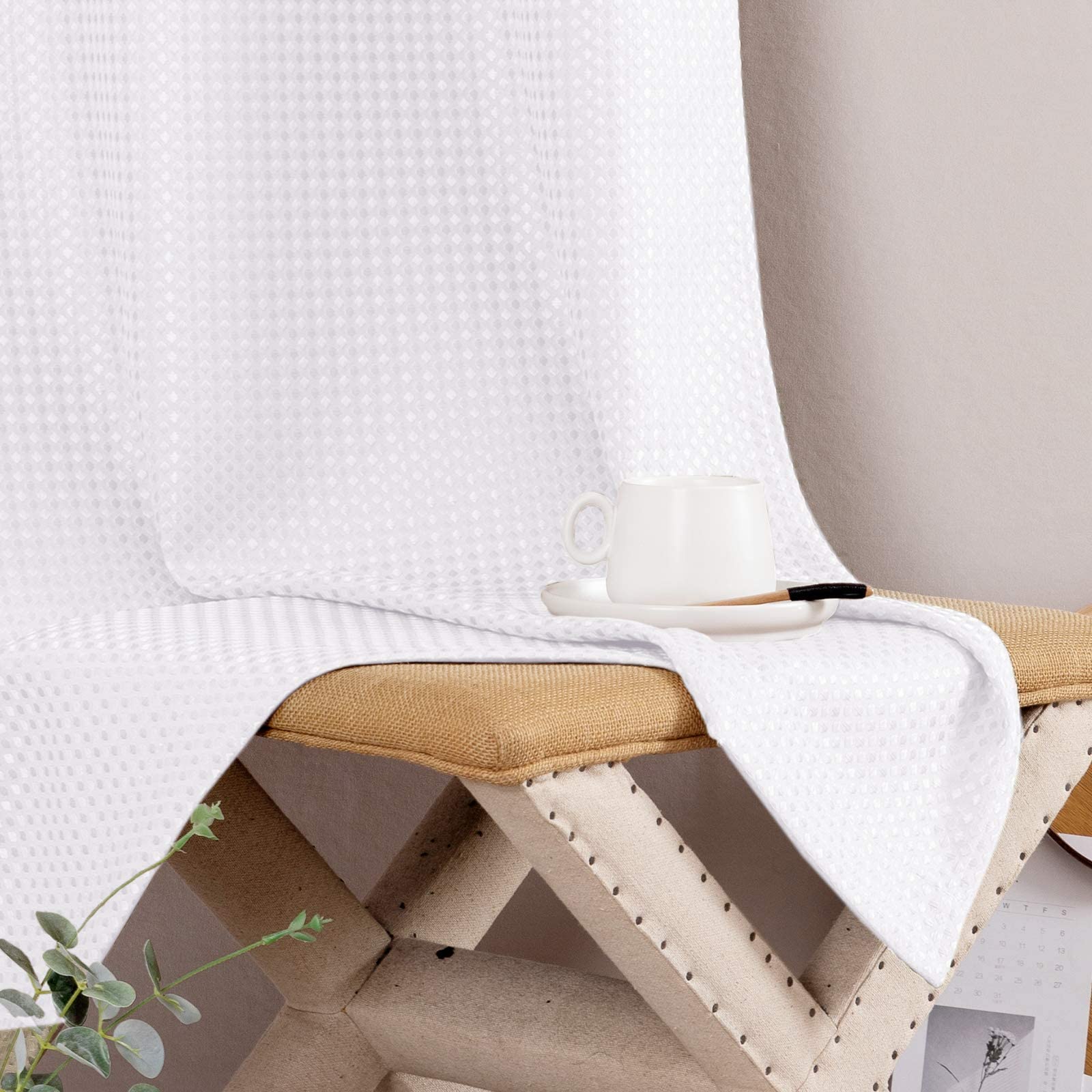 Vangao 90 Inch White Waffle Weave Curtains - Plaid Textured Grommet Top Window Drapes for Living Room & Bedroom | Blackout Privacy Sheers for Home Decor & Cozy Atmosphere