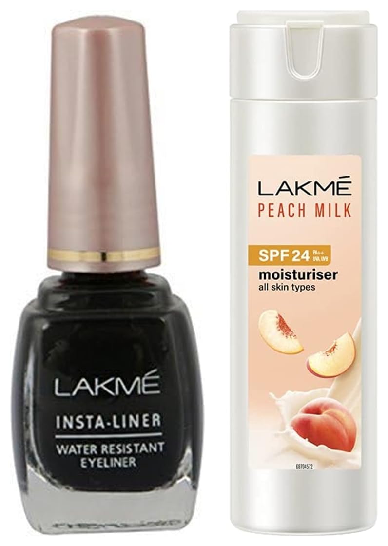 LAKMÉ Insta Matte Finish Black Eyeliner (9ml) & Peach Milk SPF 24 PA+ Sunscreen Moisturizing Lotion (120ml) - Long-Lasting Eye Makeup & Daily Sun Protection for Oily Skin